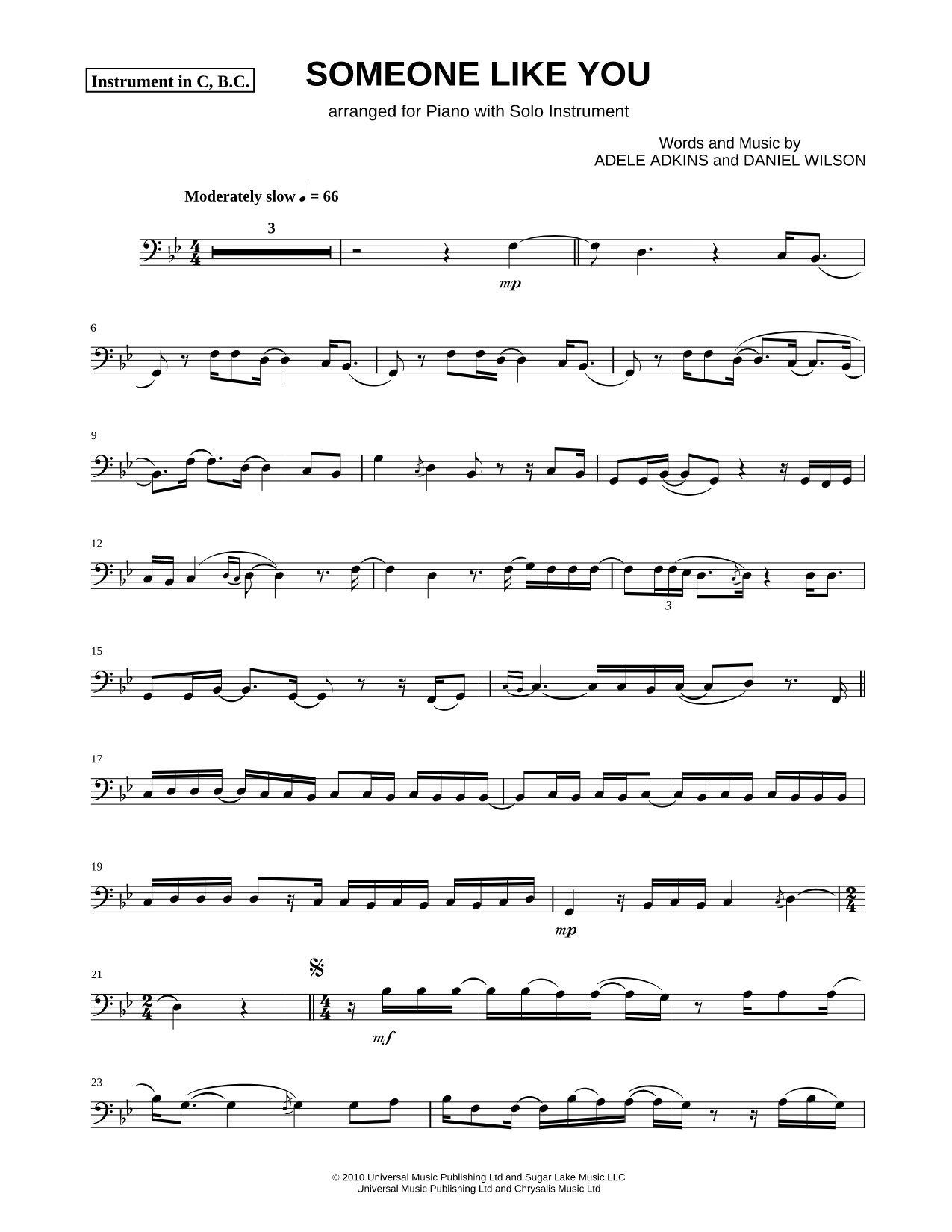 Someone Like You - Bass Clef Instrument