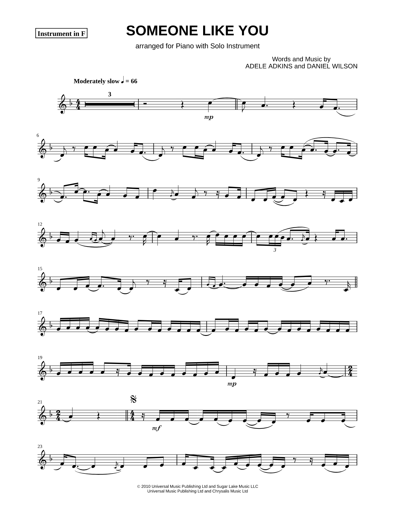 Someone Like You - F Instrument