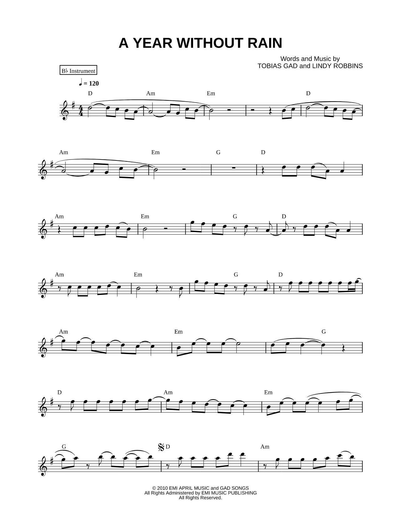 A Year Without Rain - Bb Instrument