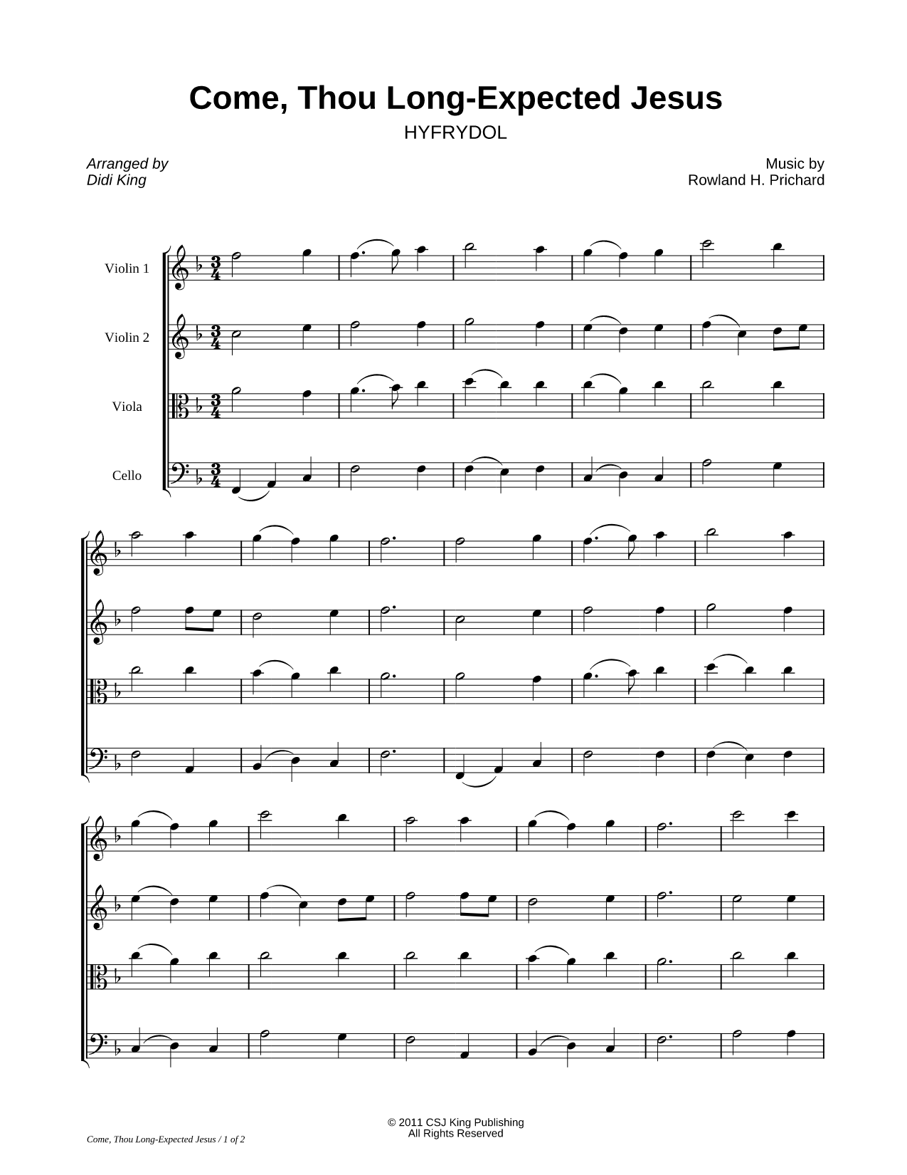 Come, Thou Long- Expected Jesus - String Quartet (Score)