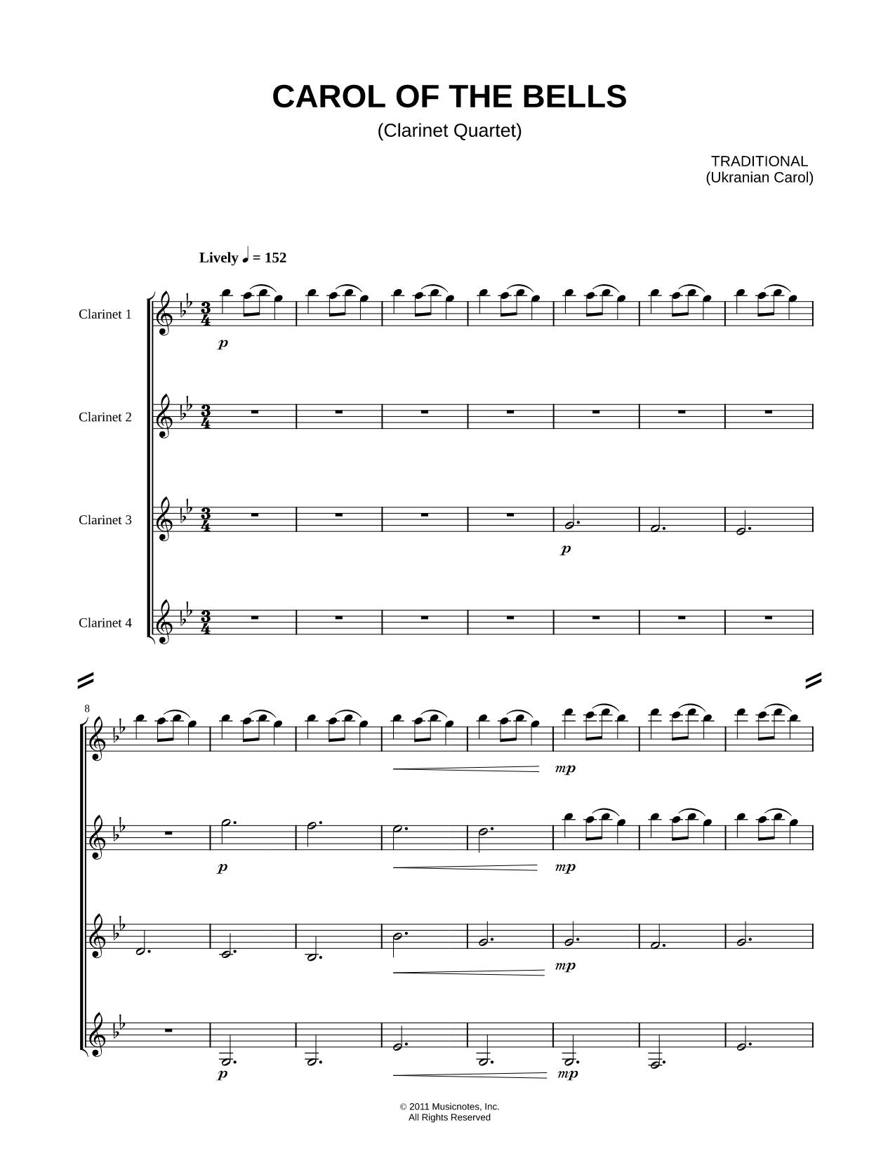 Carol of the Bells - Clarinet Quartet Score