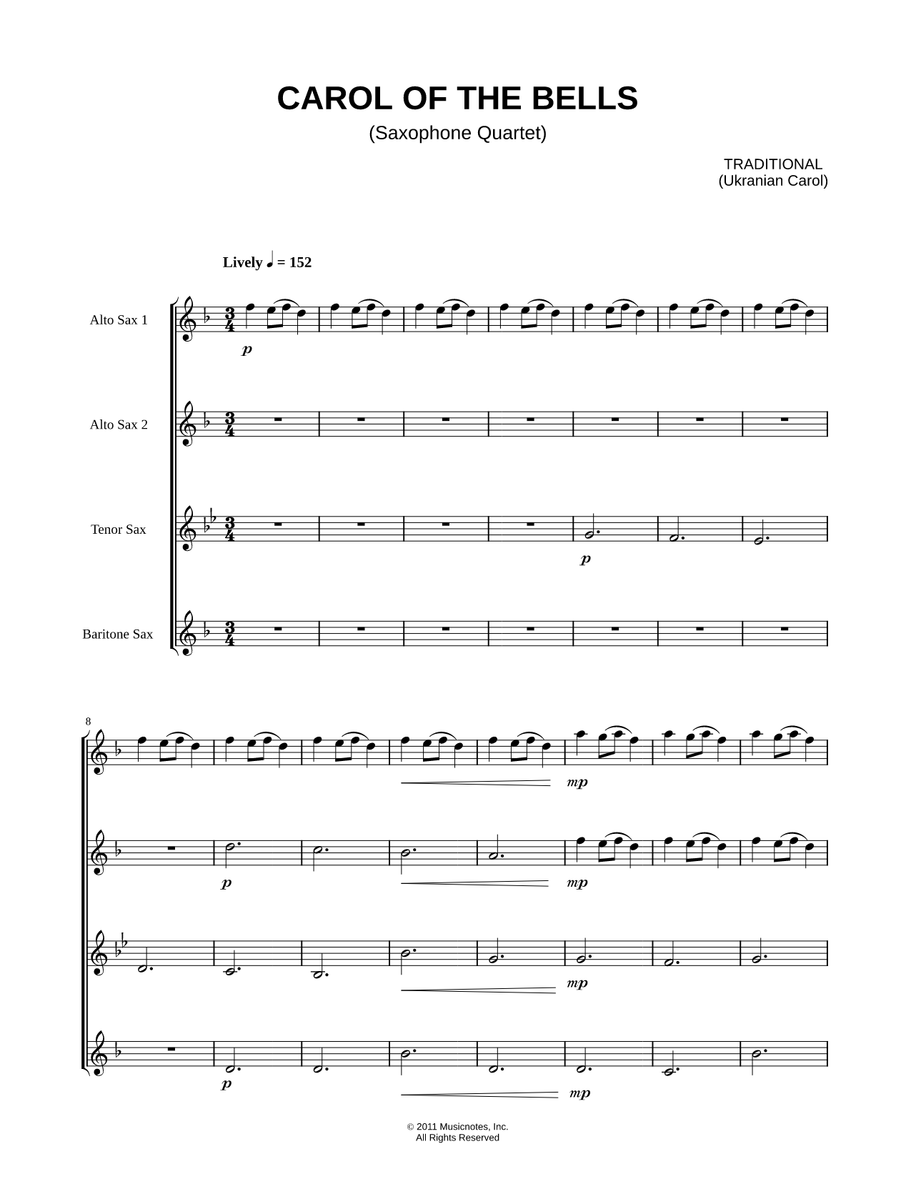 Carol of the Bells - Saxophone Quartet Score