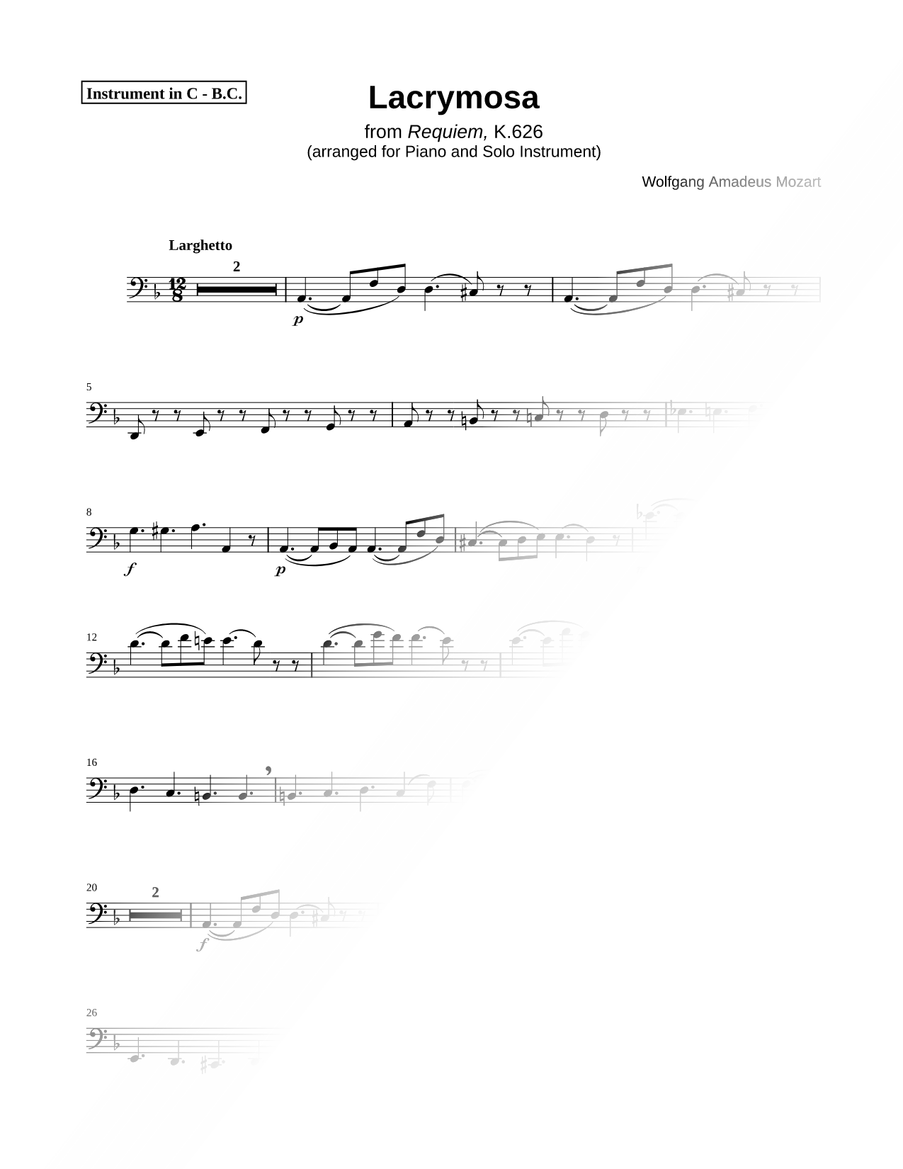 Lacrymosa, from Requiem K. 626 - Bass Clef Instrument