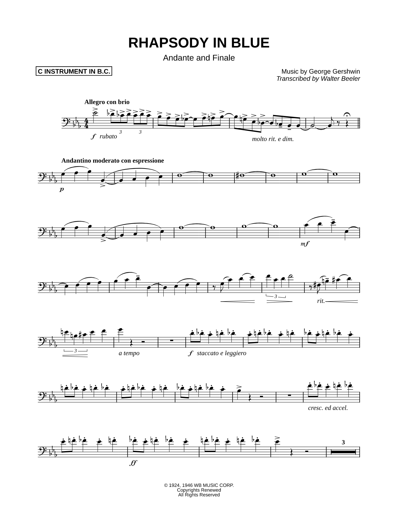 Rhapsody in Blue (Andante & Finale) - Bass Clef Instrument
