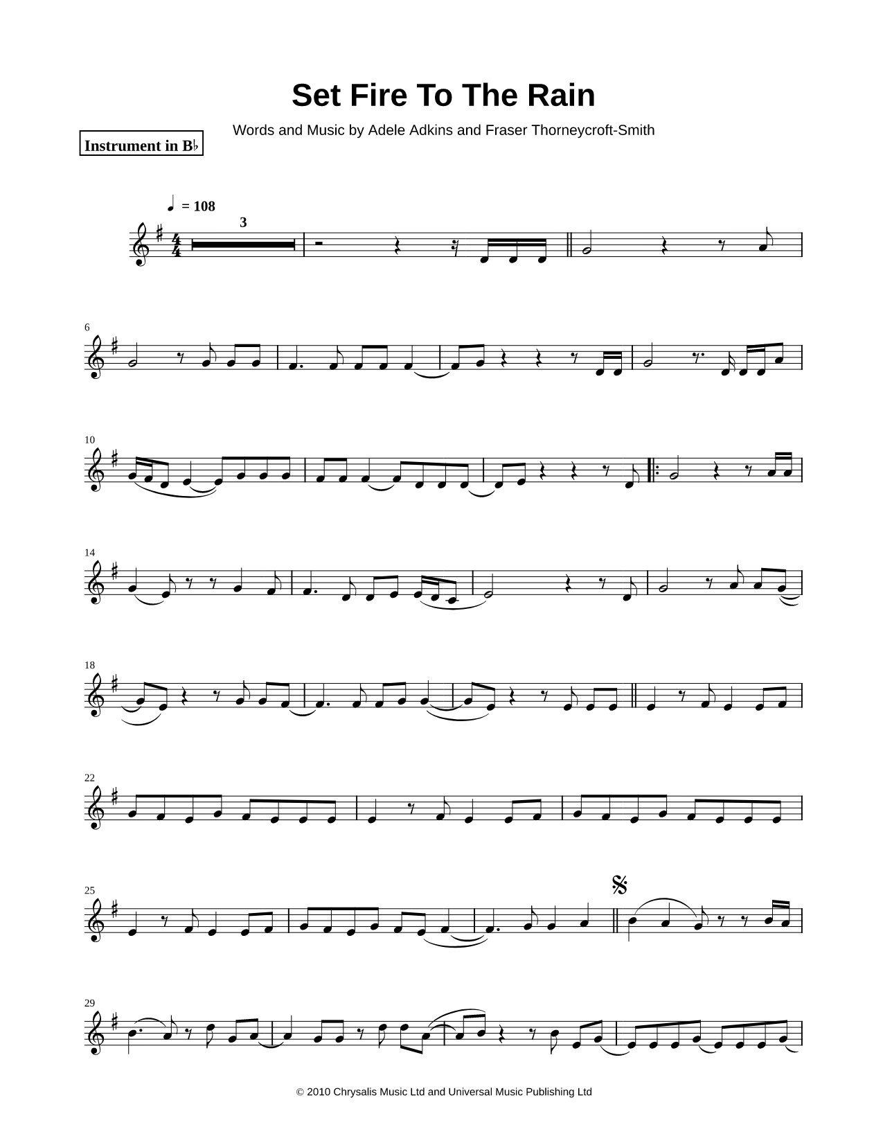 Set Fire to the Rain - Bb Instrument