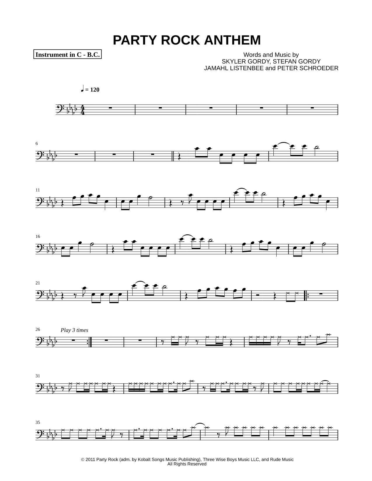Party Rock Anthem - Bass Clef Instrument