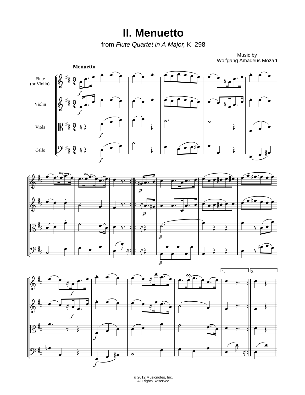 Flute Quartet in A Major, K. 298: II. Menuetto - Score