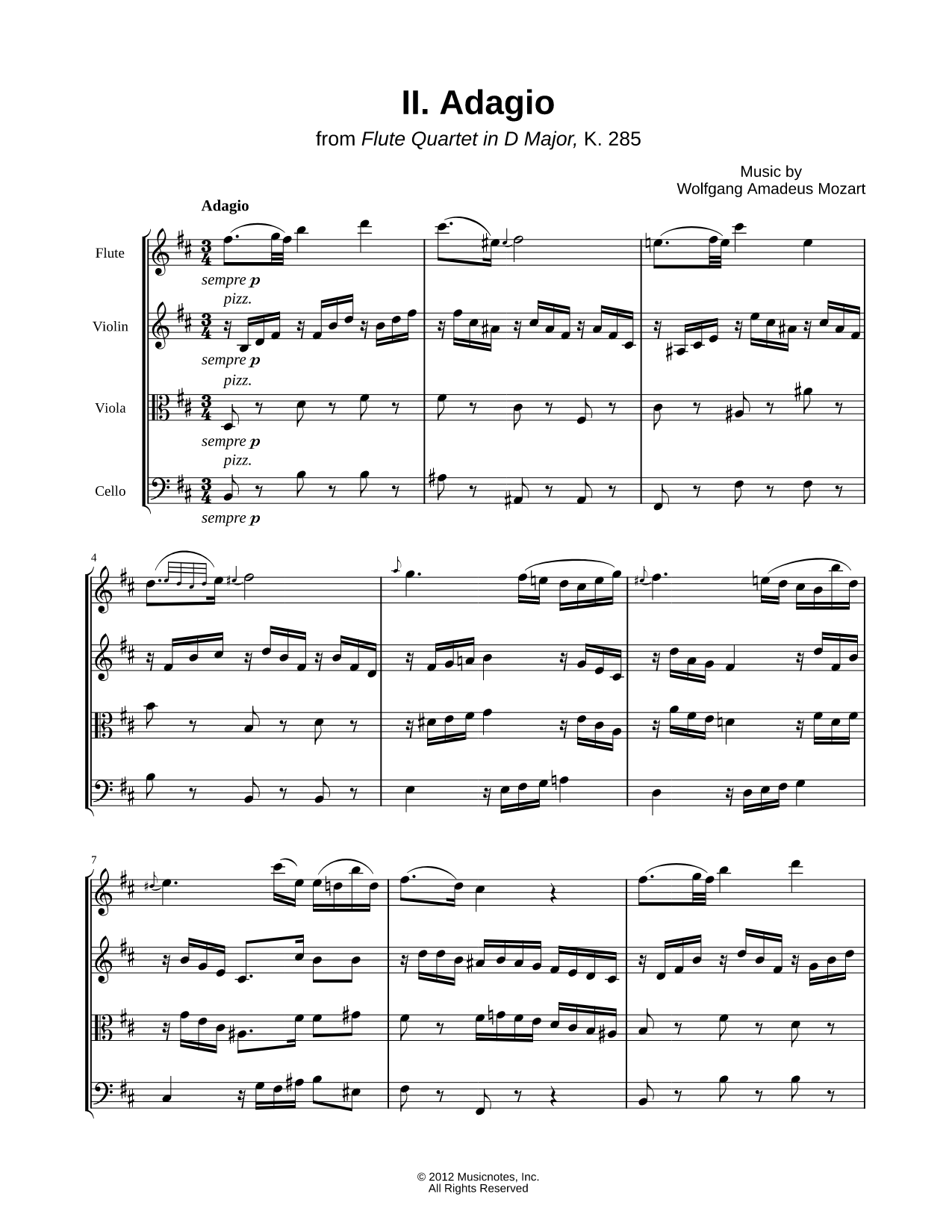 Flute Quartet in D Major, K. 285: II. Adagio - Score