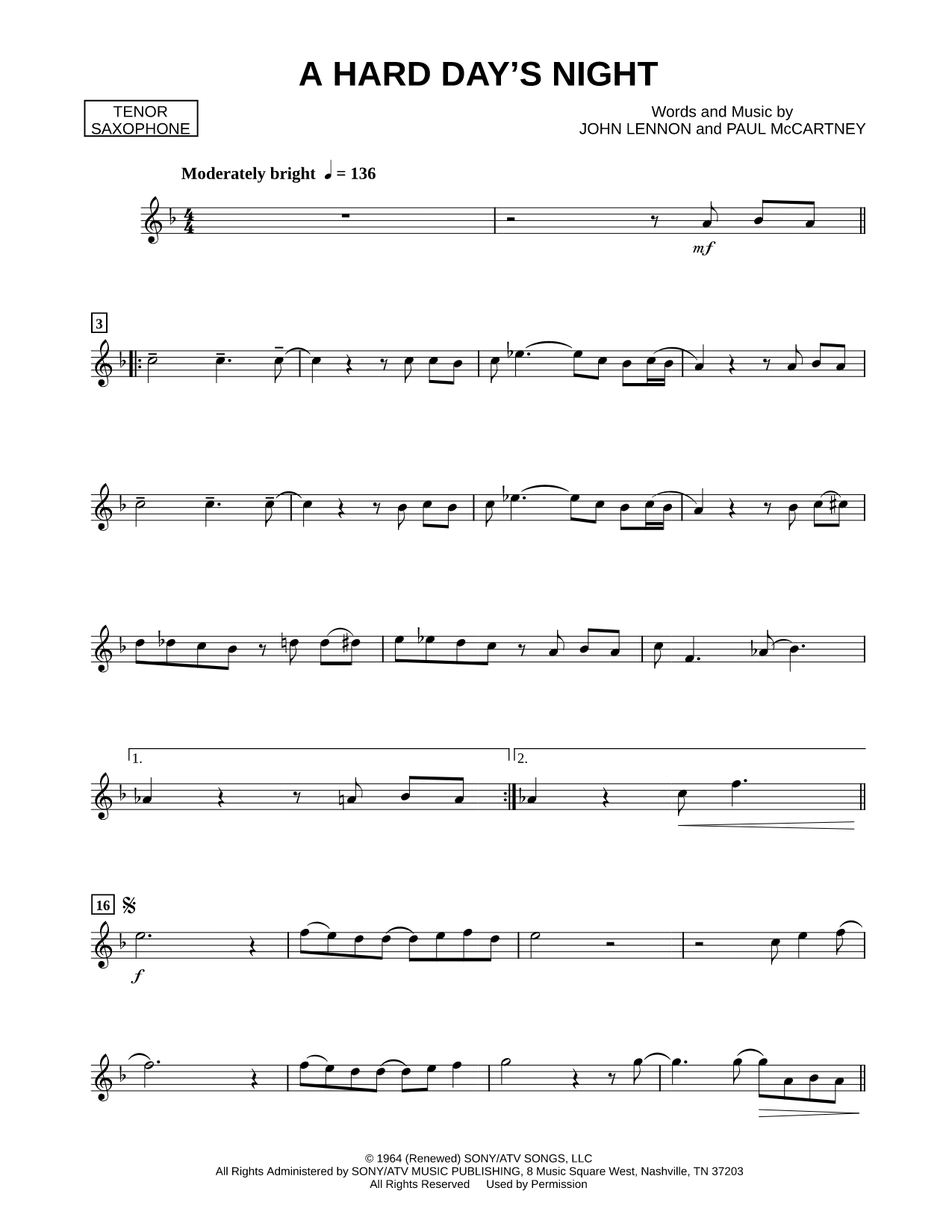 A Hard Day's Night - Tenor Saxophone