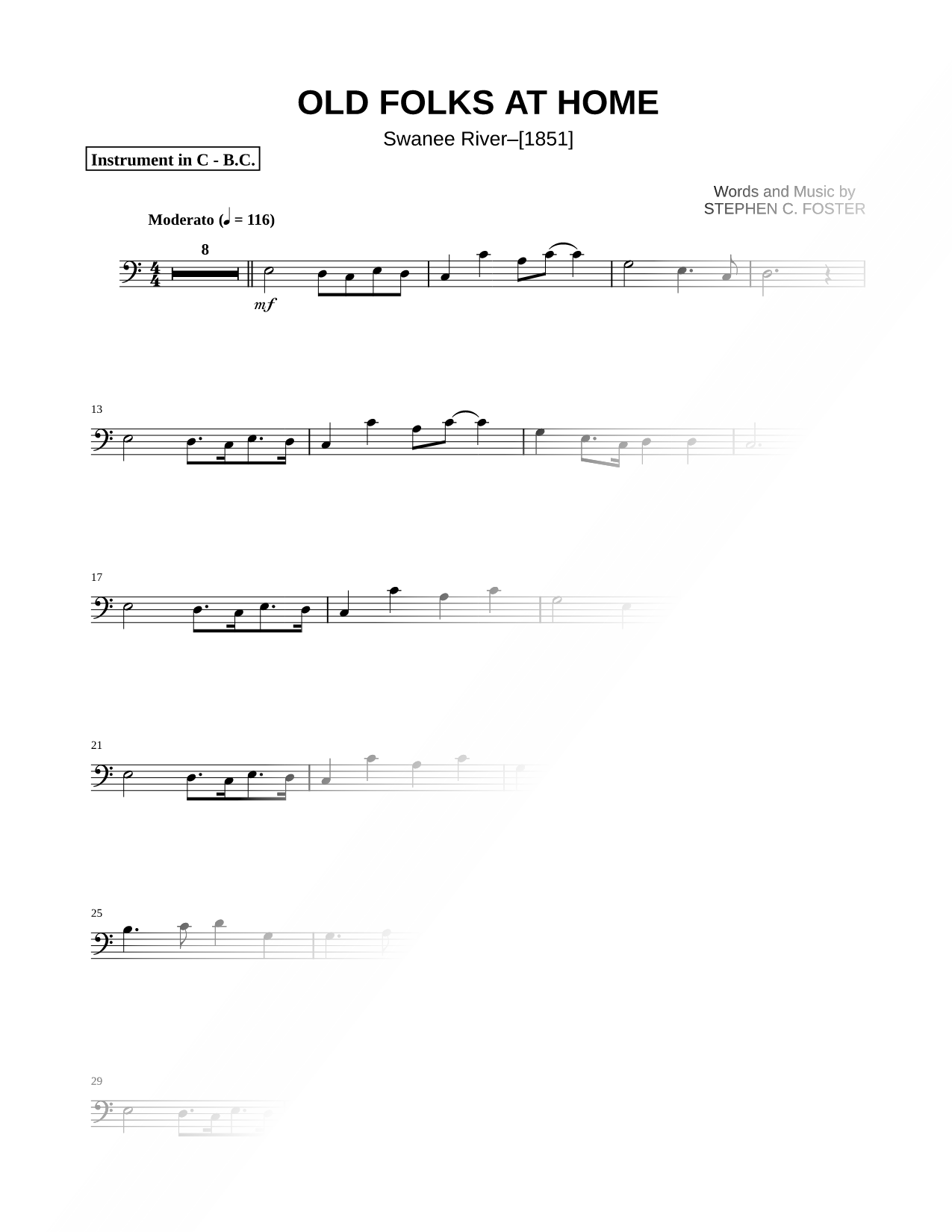 Old Folks At Home - Bass Clef Instrument