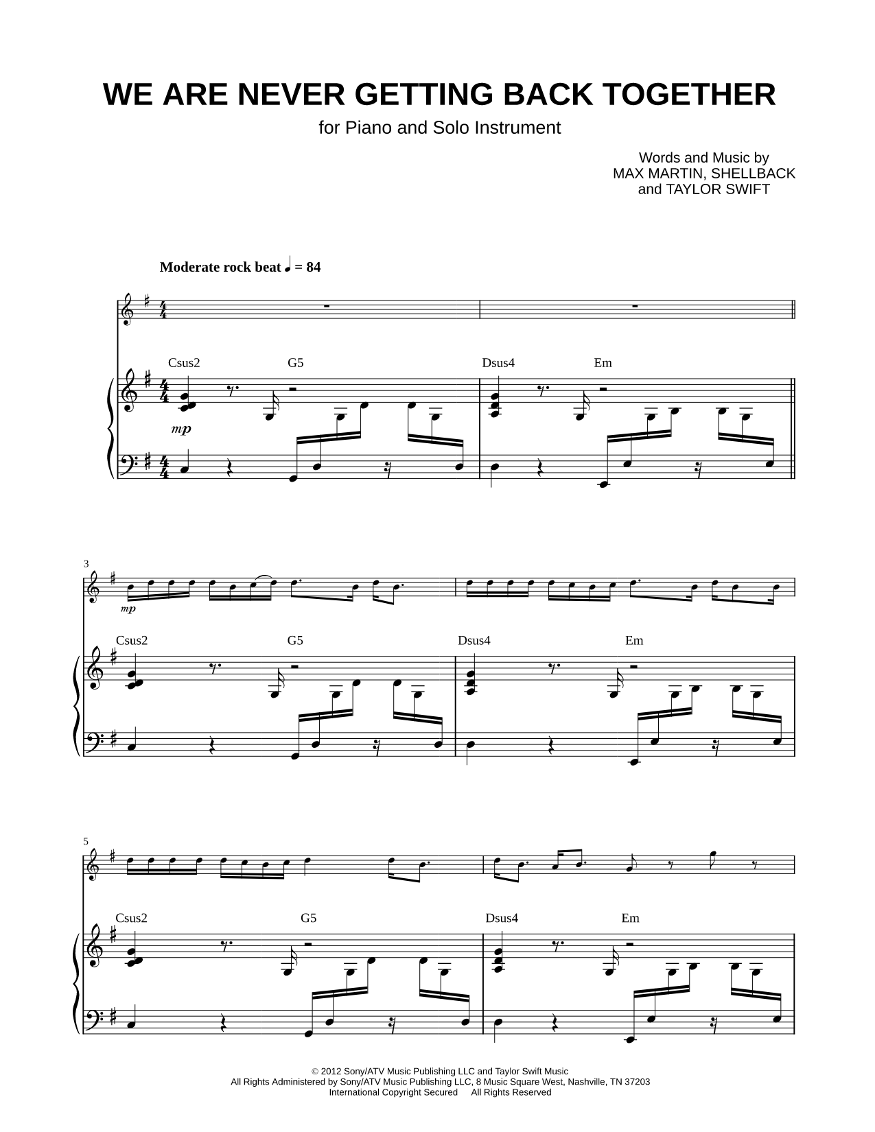 We Are Never Ever Getting Back Together - Piano Accompaniment