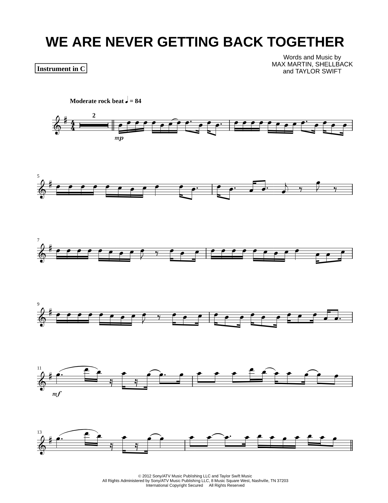 We Are Never Ever Getting Back Together - C Instrument