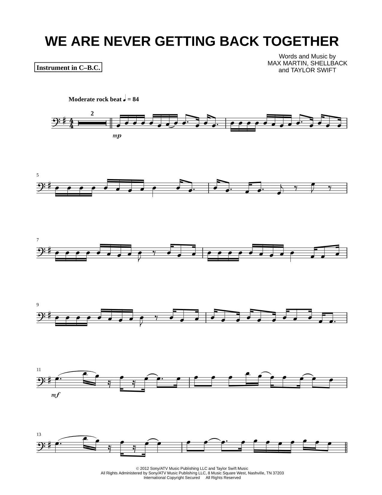 We Are Never Ever Getting Back Together - Bass Clef Instrument