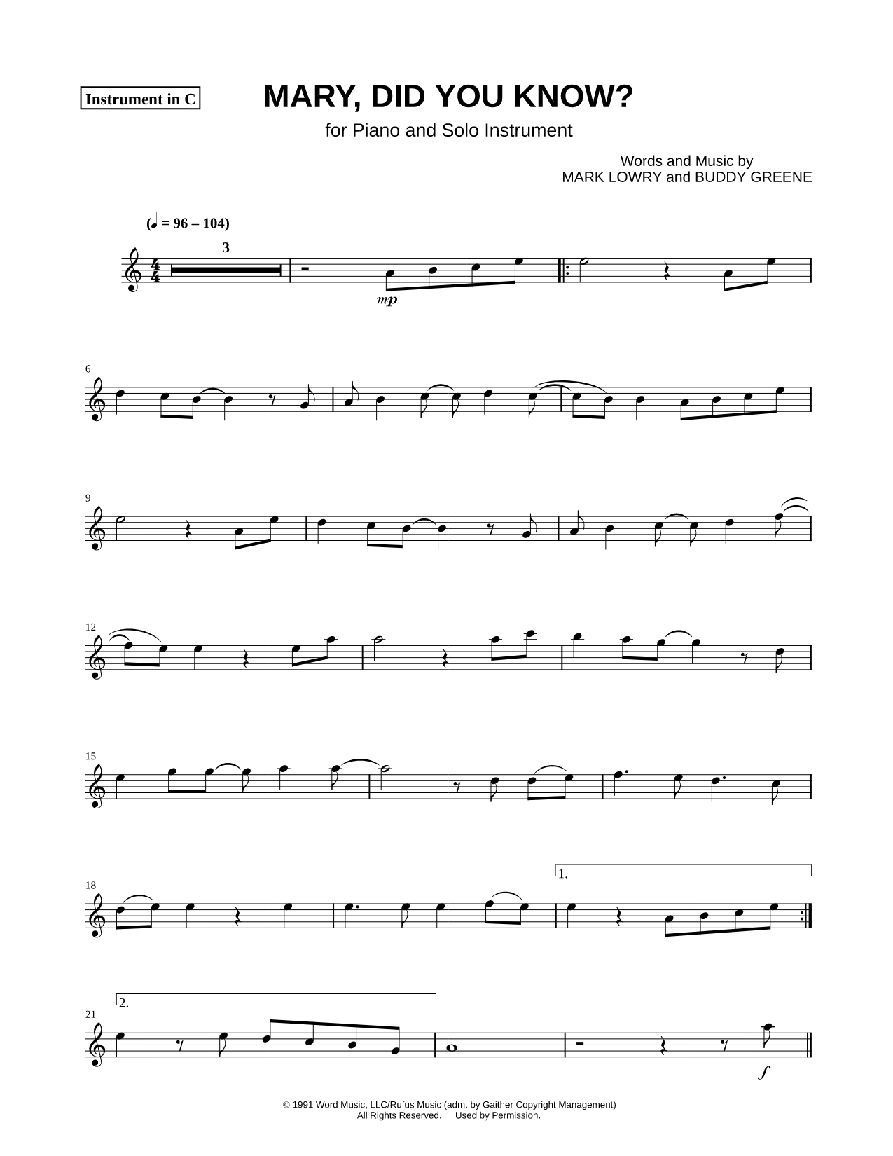 Mary, Did You Know? - C Instrument