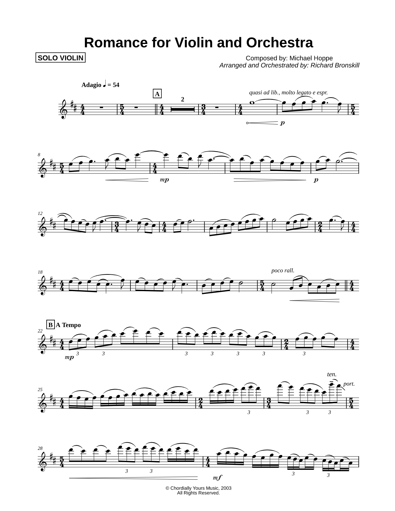 Romance for Violin and Orchestra - Violin Part
