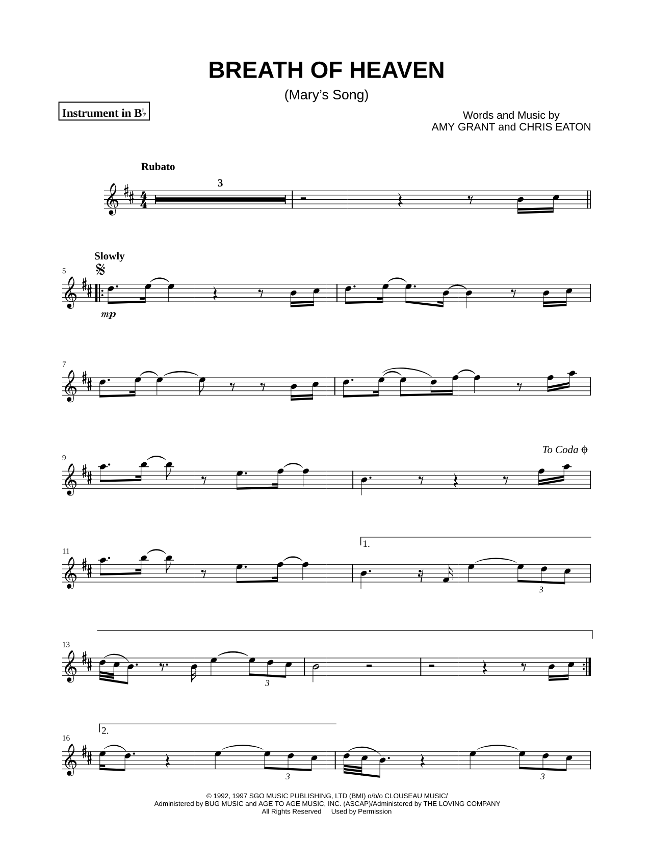 Breath of Heaven (Mary's Song) - Bb Instrument