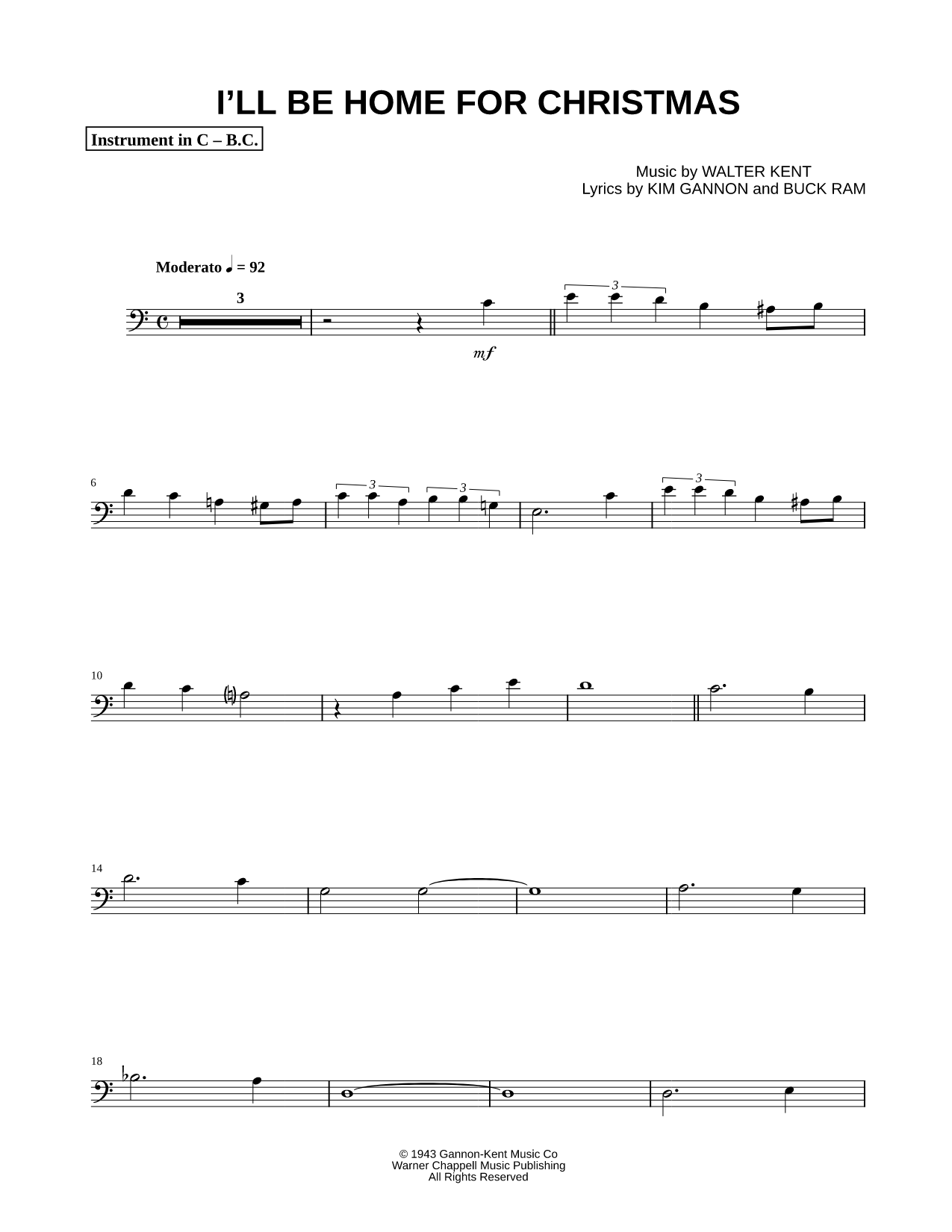 I'll Be Home for Christmas - Bass Clef Instrument
