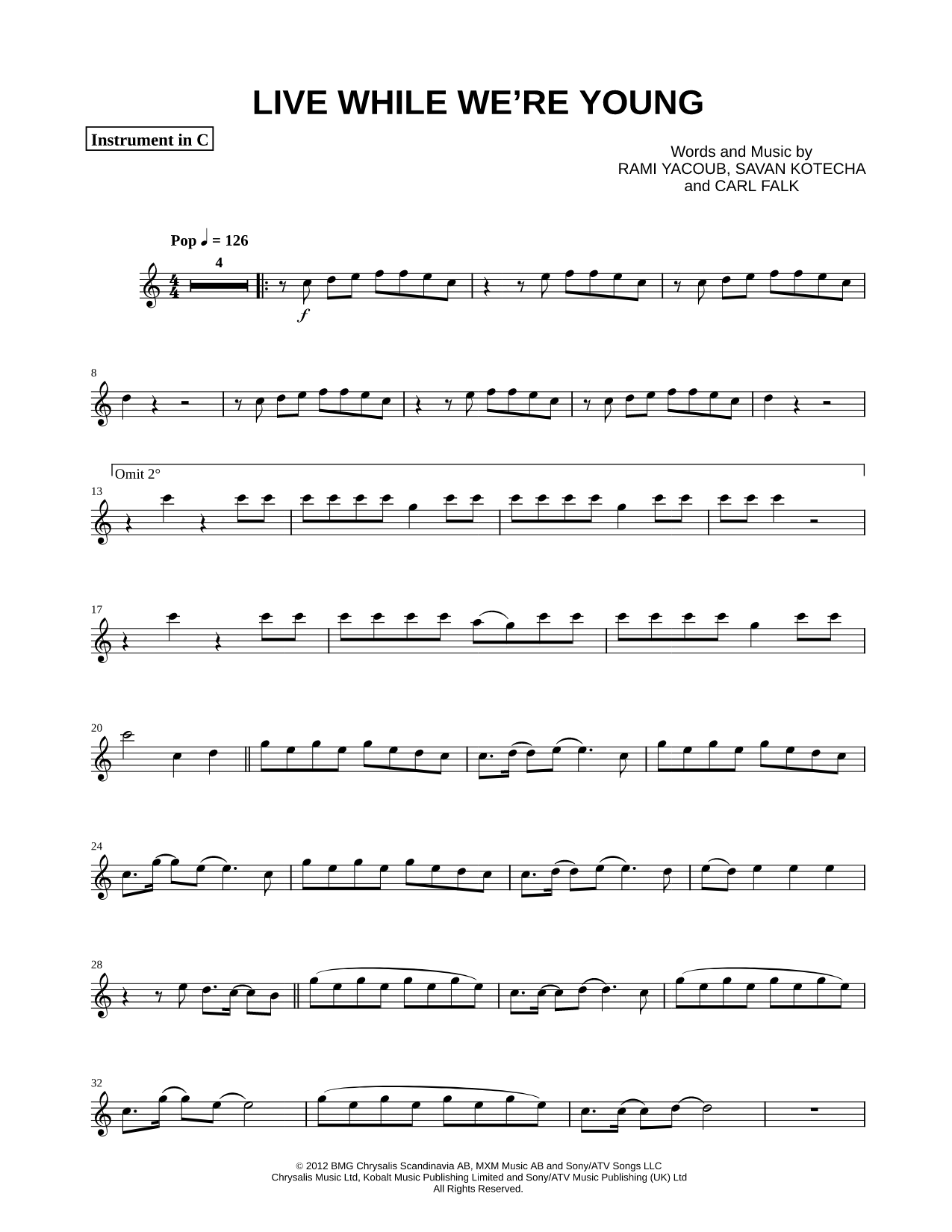 Live While We're Young - C Instrument