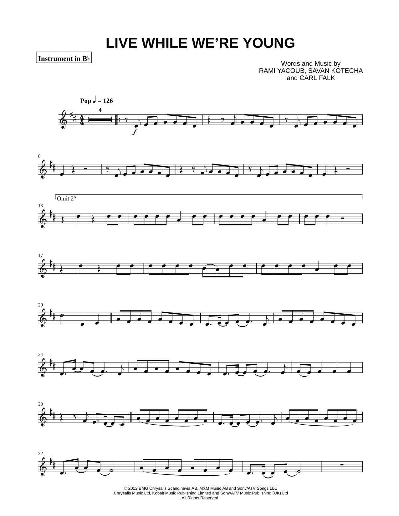 Live While We're Young - Bb Instrument