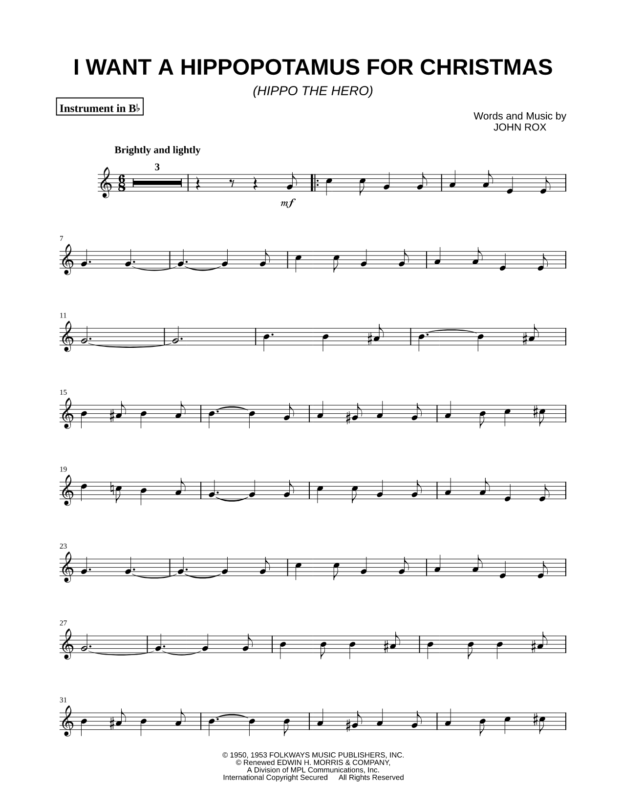 I Want a Hippopotamus for Christmas - Bb Instrument