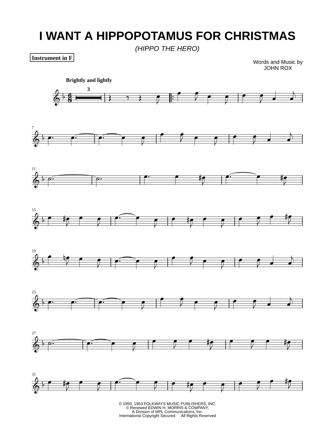 I Want a Hippopotamus for Christmas - F Instrument