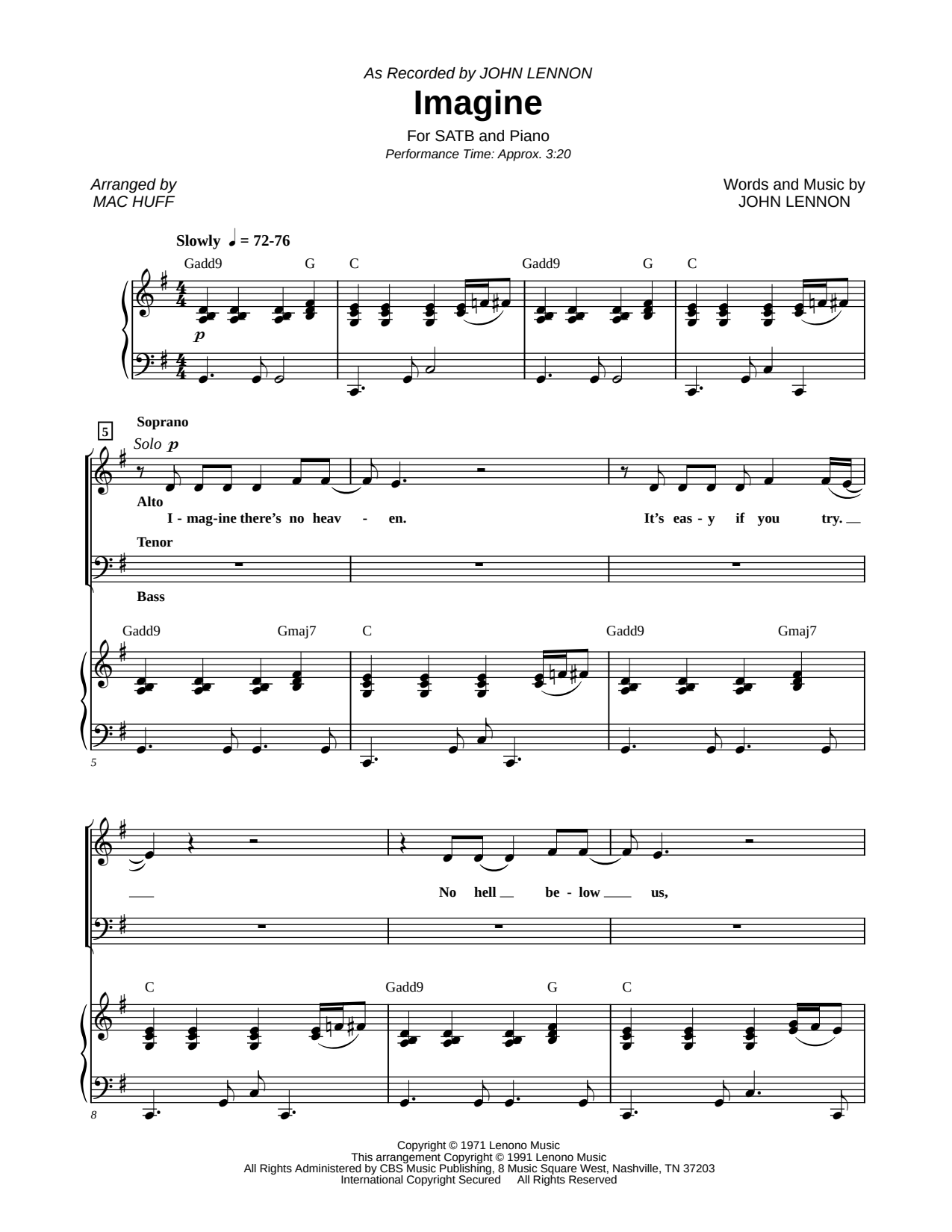 Imagine Sheet Music — SATB Choir + Piano