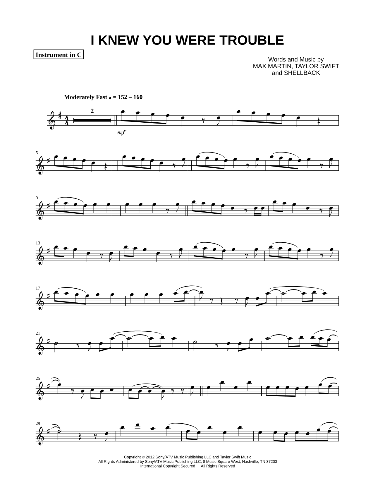 I Knew You Were Trouble - C Instrument