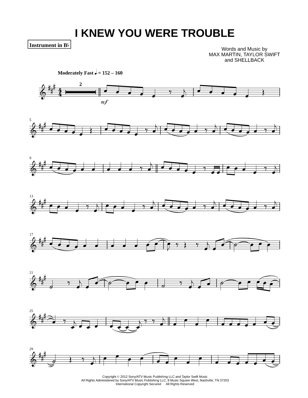 I Knew You Were Trouble - Bb Instrument