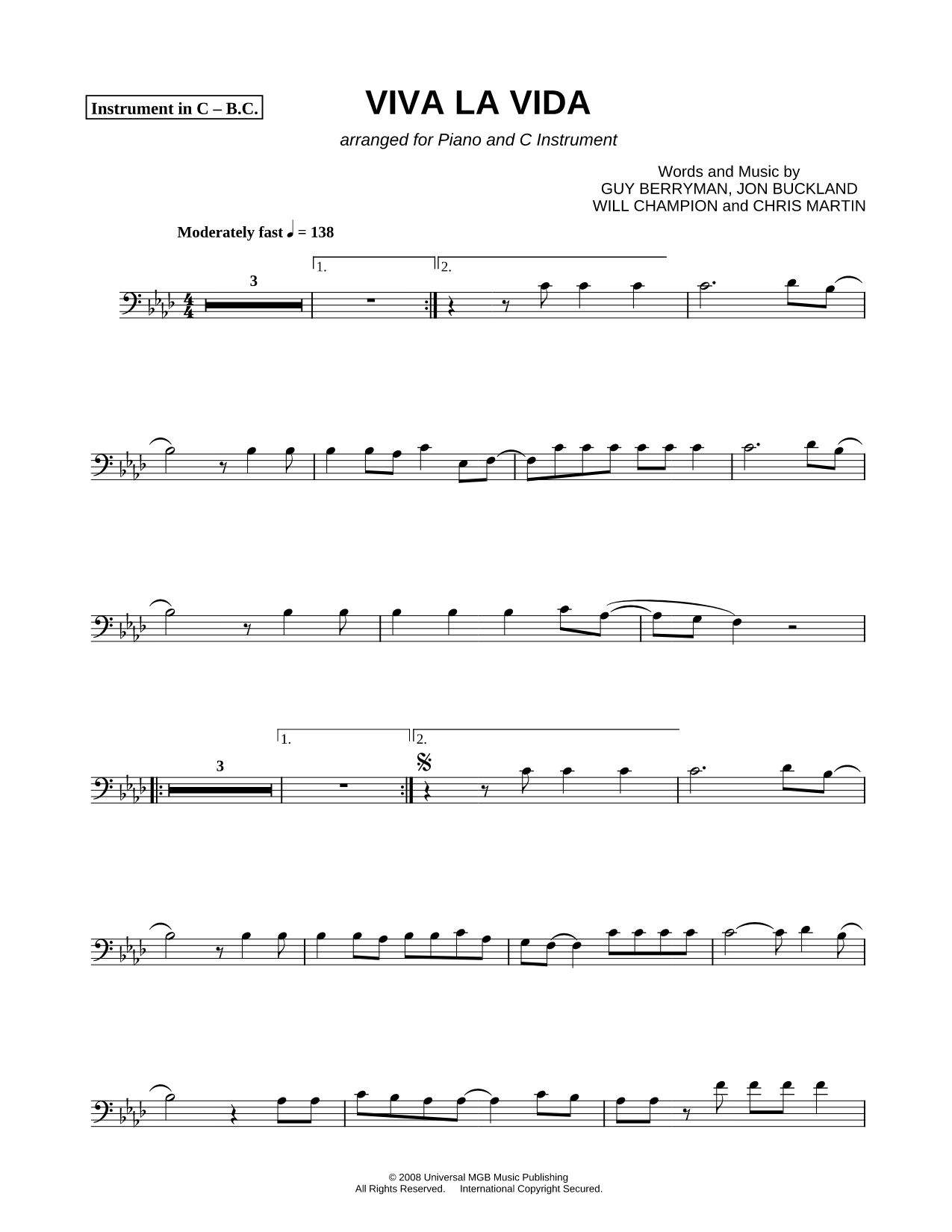 Viva la Vida - Bass Clef Instrument