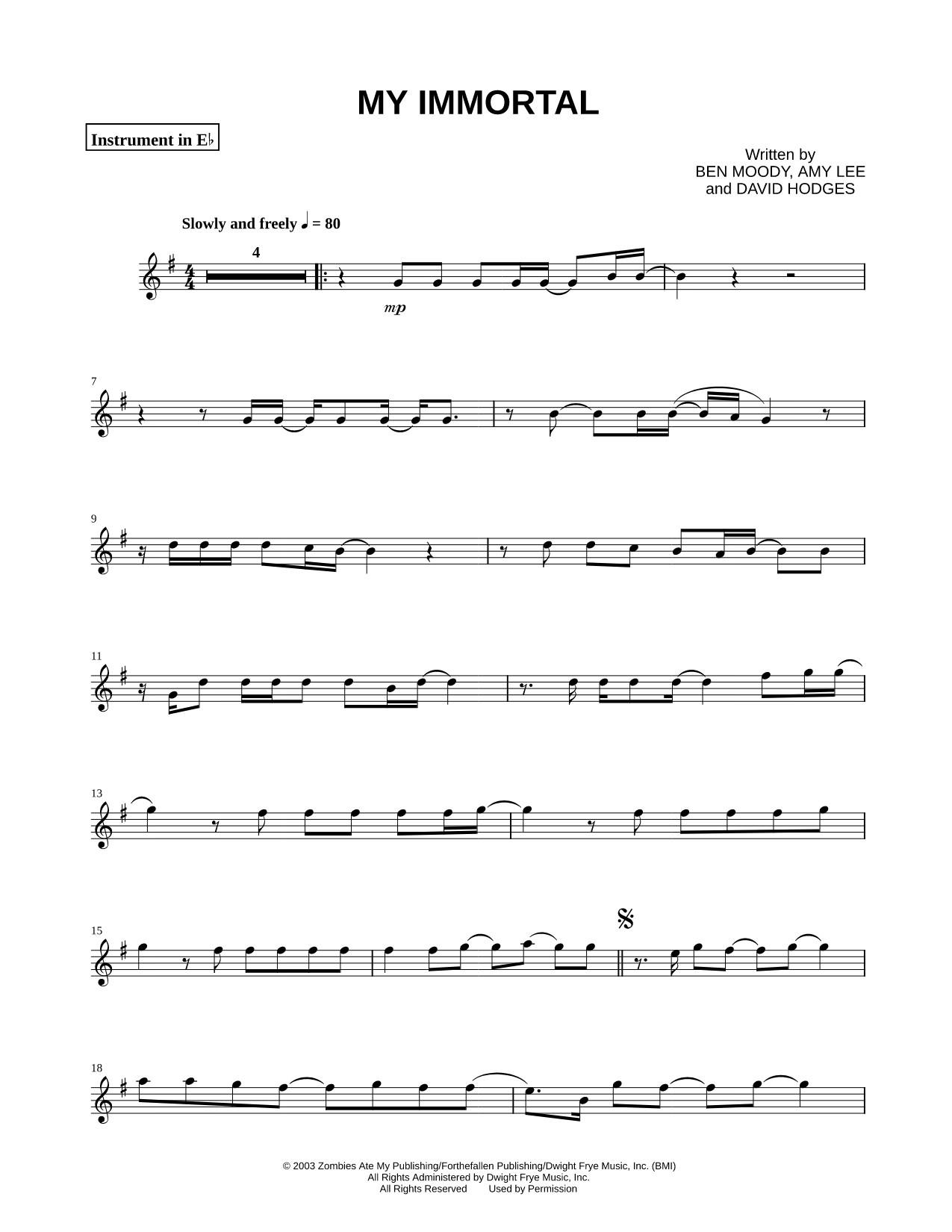 My Immortal - Eb Instrument