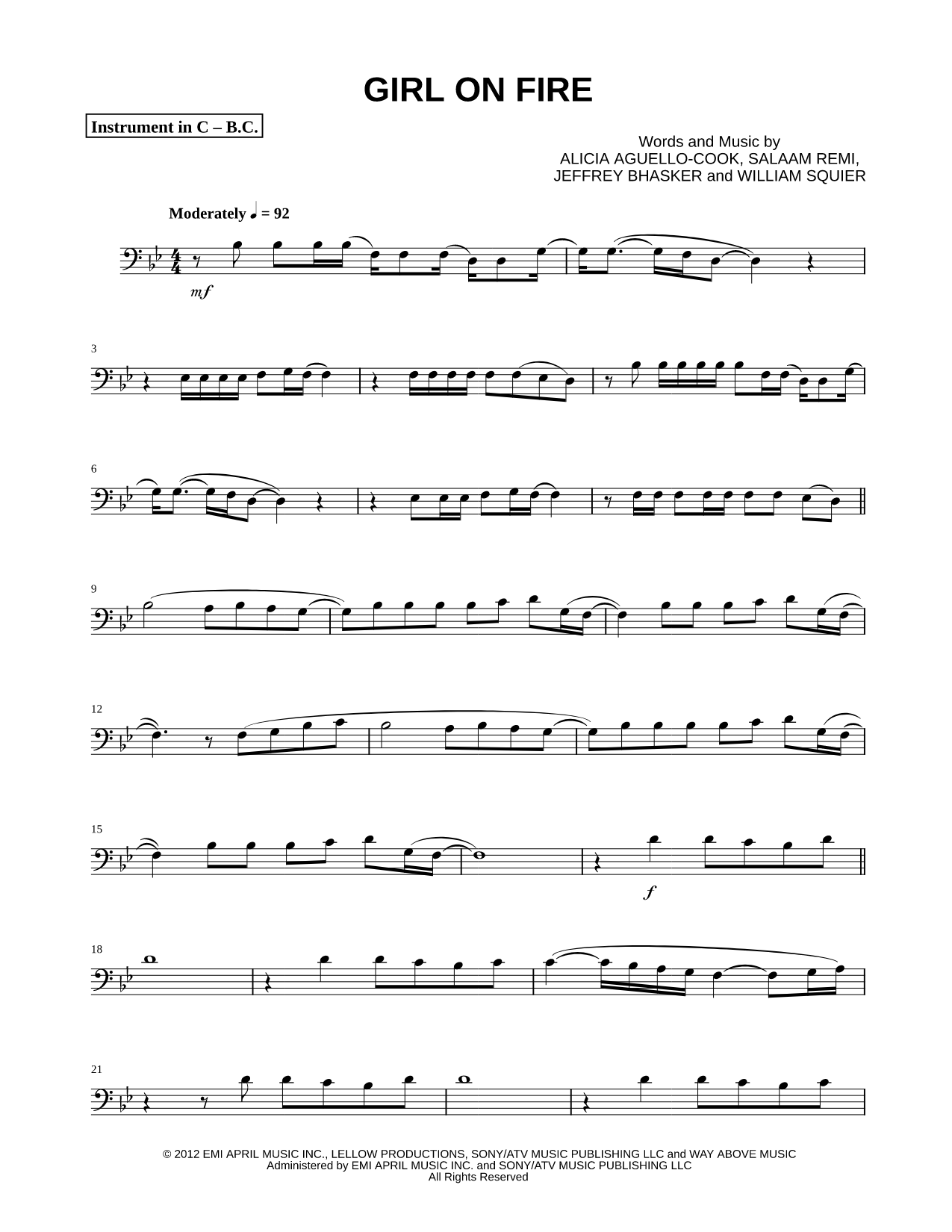 Girl on Fire - Bass Clef Instrument