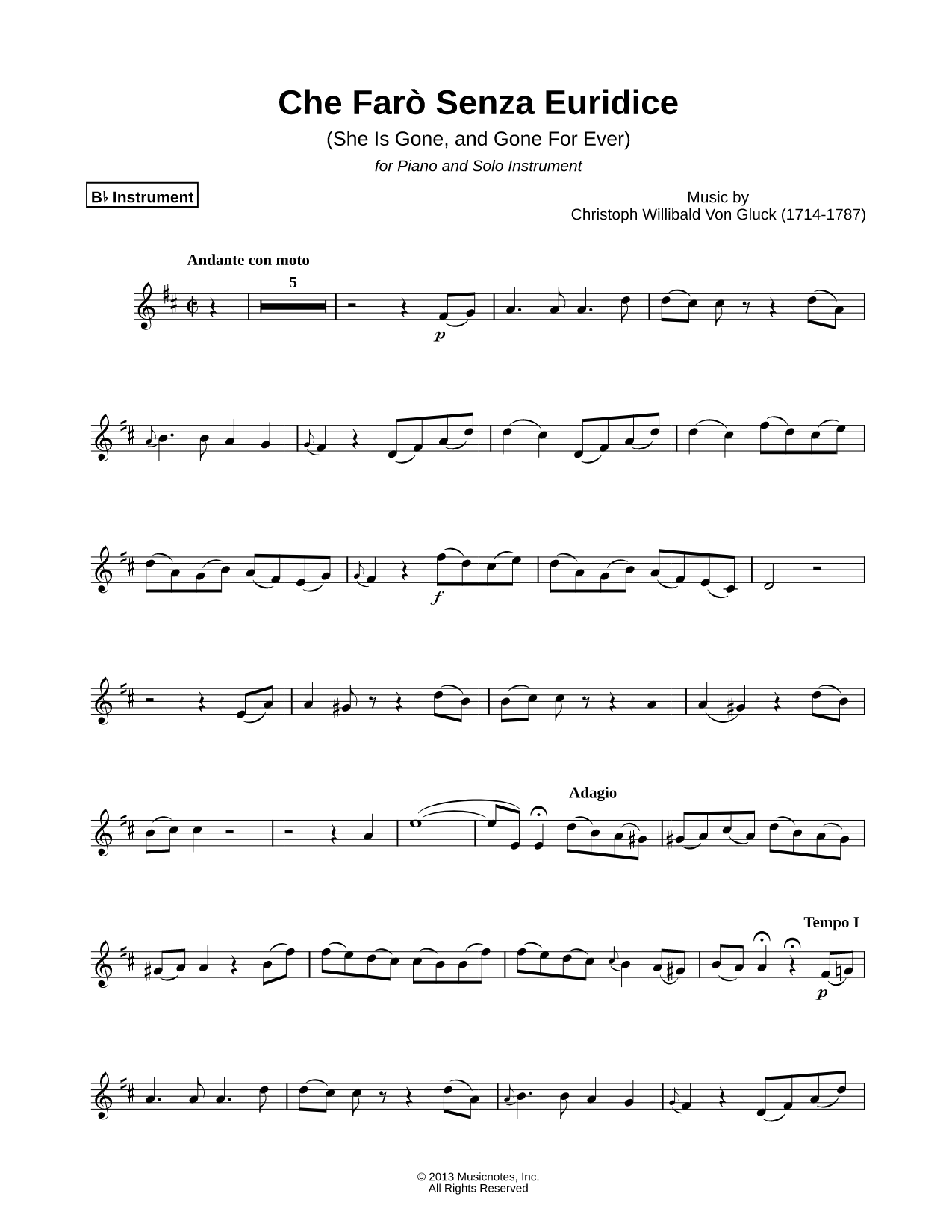 Che Farò Senza Euridice - Bb Instrument