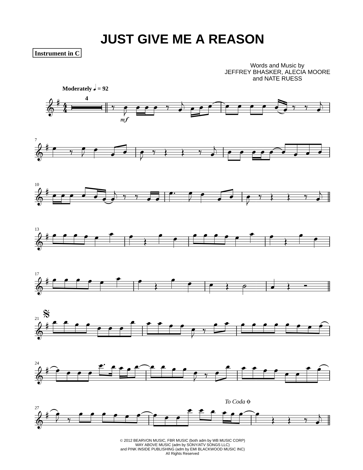Just Give Me a Reason - C Instrument
