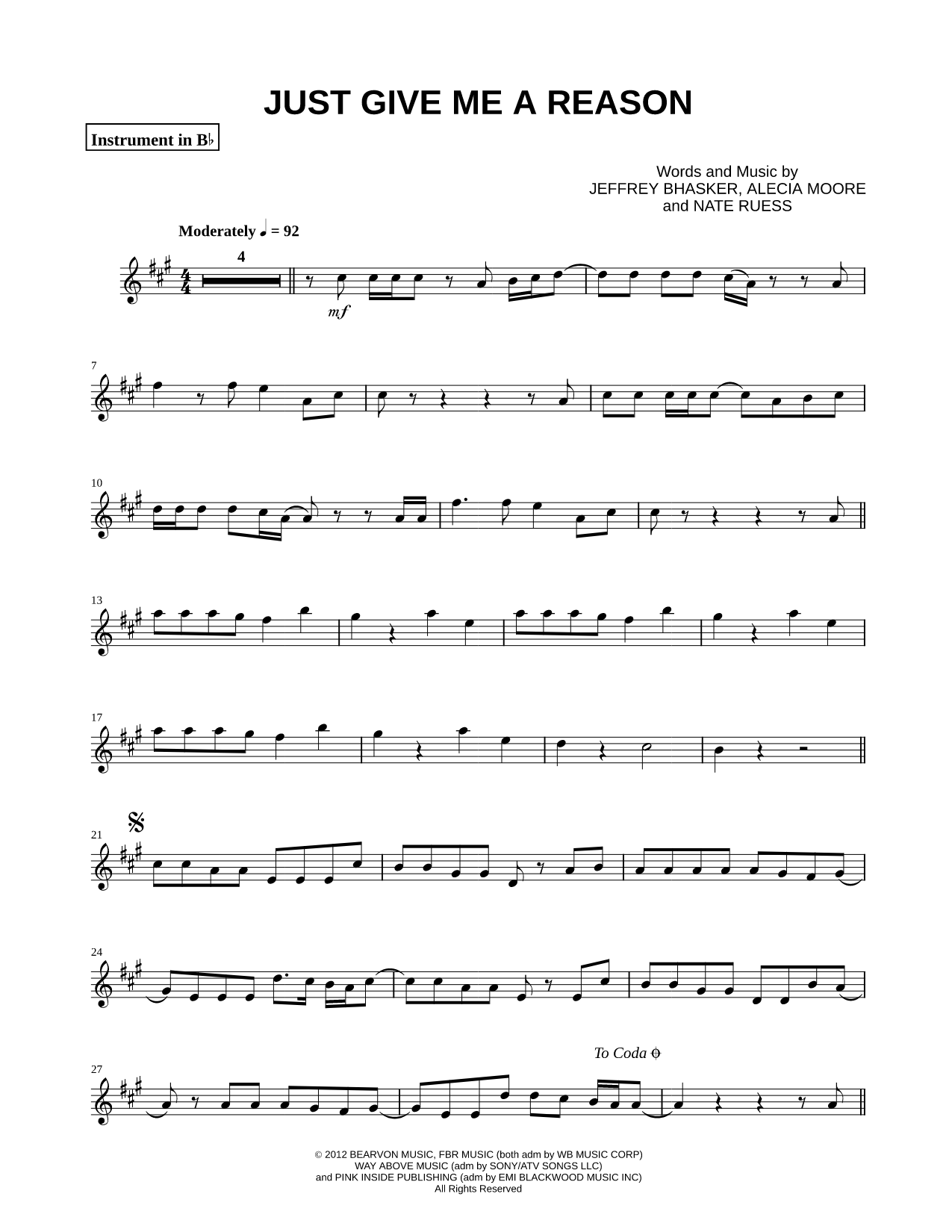 Just Give Me a Reason - Bb Instrument