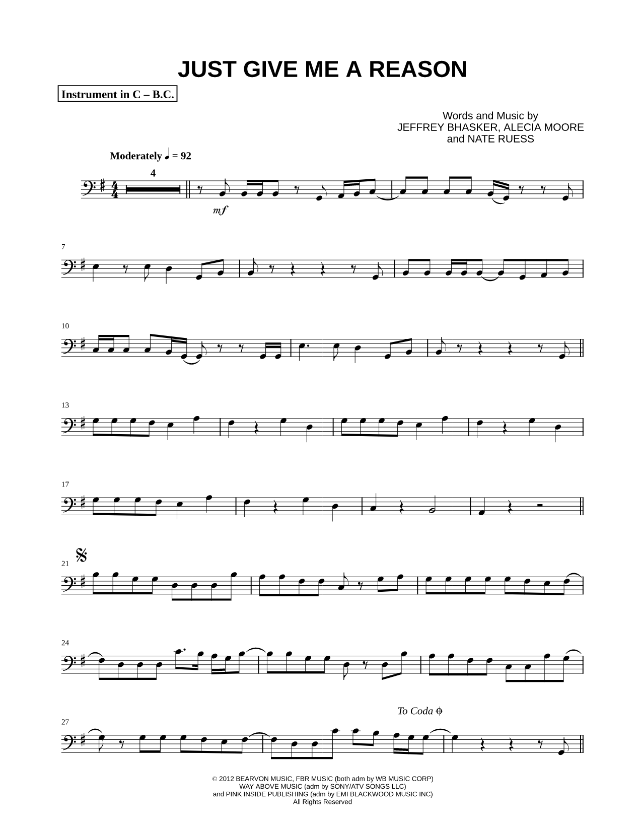 Just Give Me a Reason - Bass Clef Instrument
