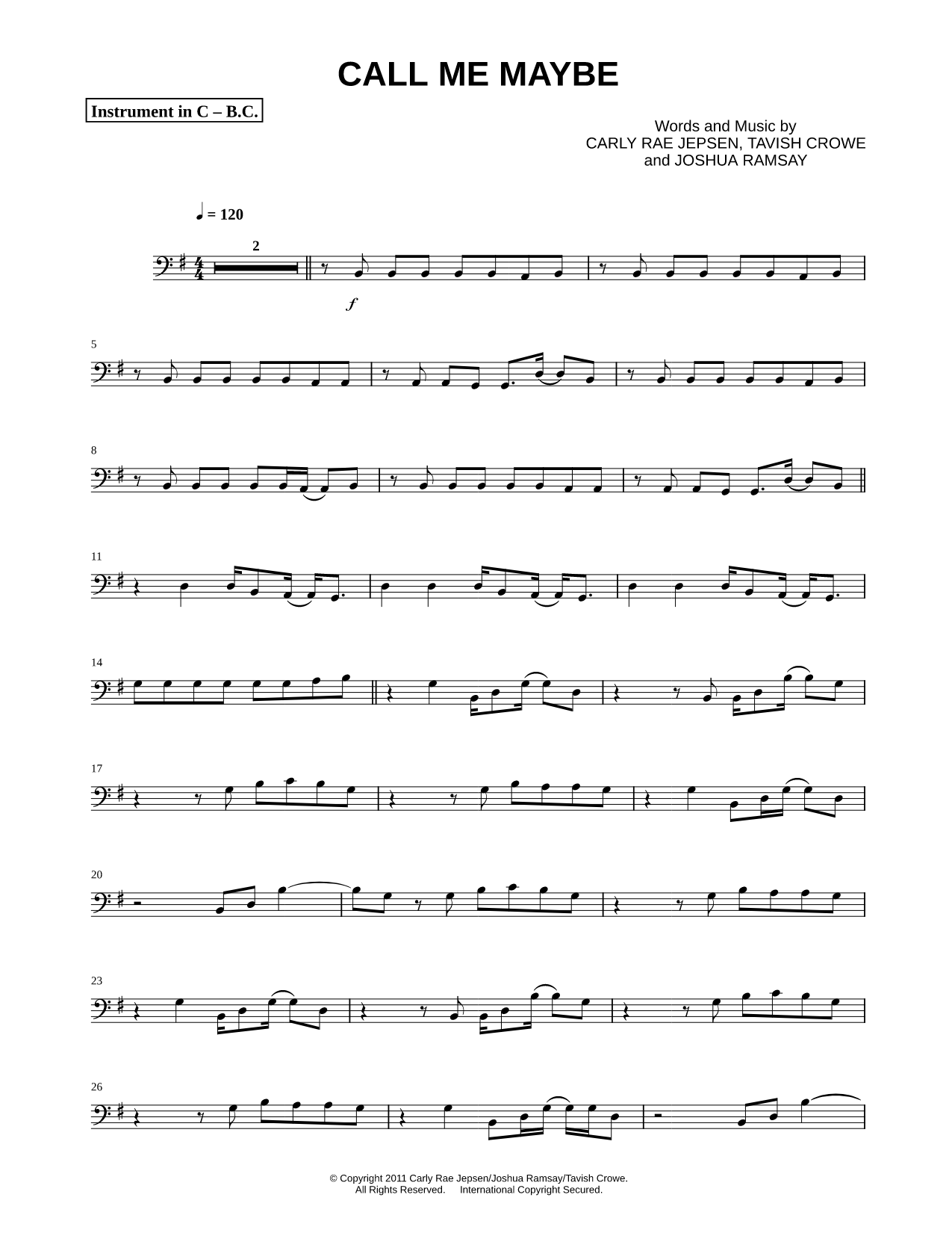 Call Me Maybe - Bass Clef Instrument