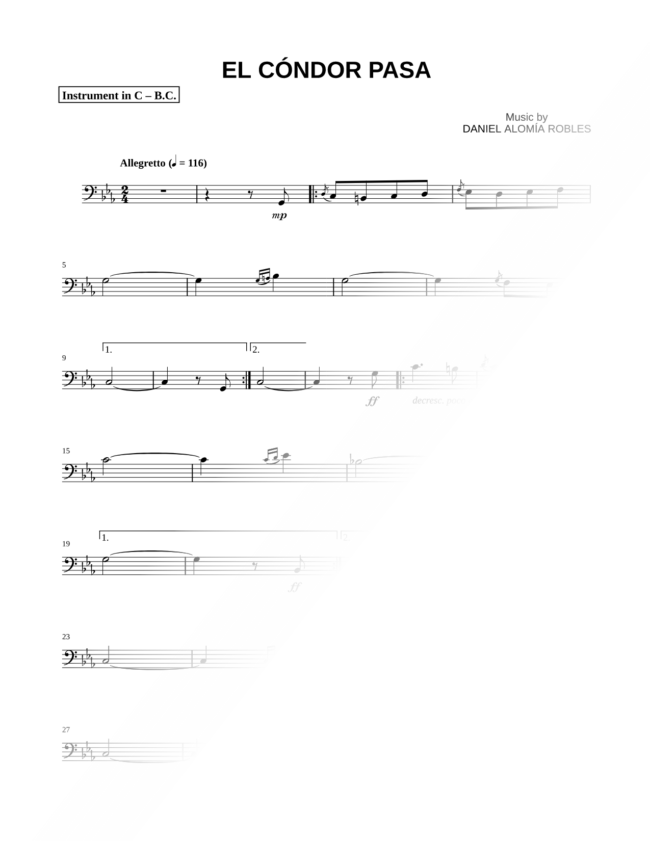 El Cóndor Pasa - Bass Clef Instrument