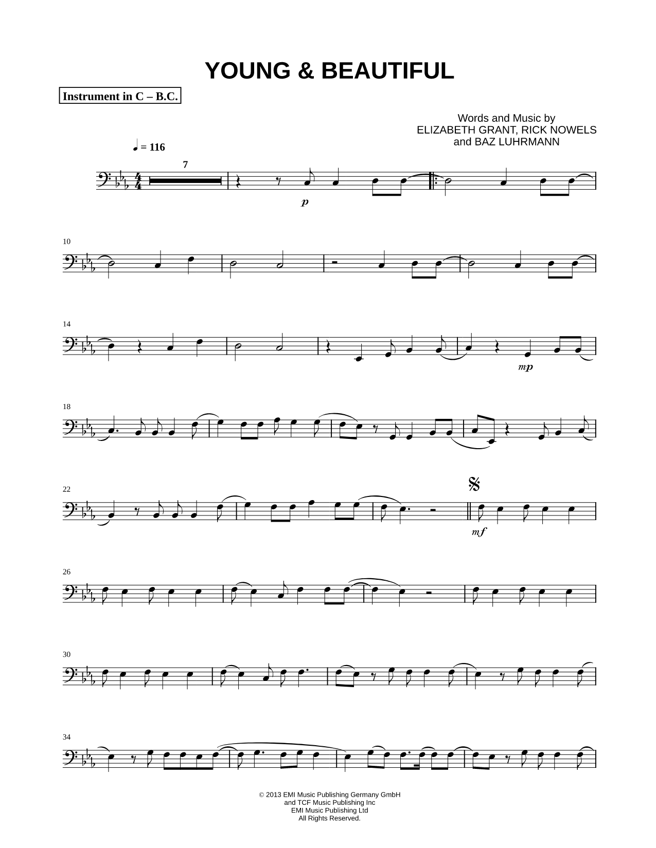 Young & Beautiful - Bass Clef Instrument