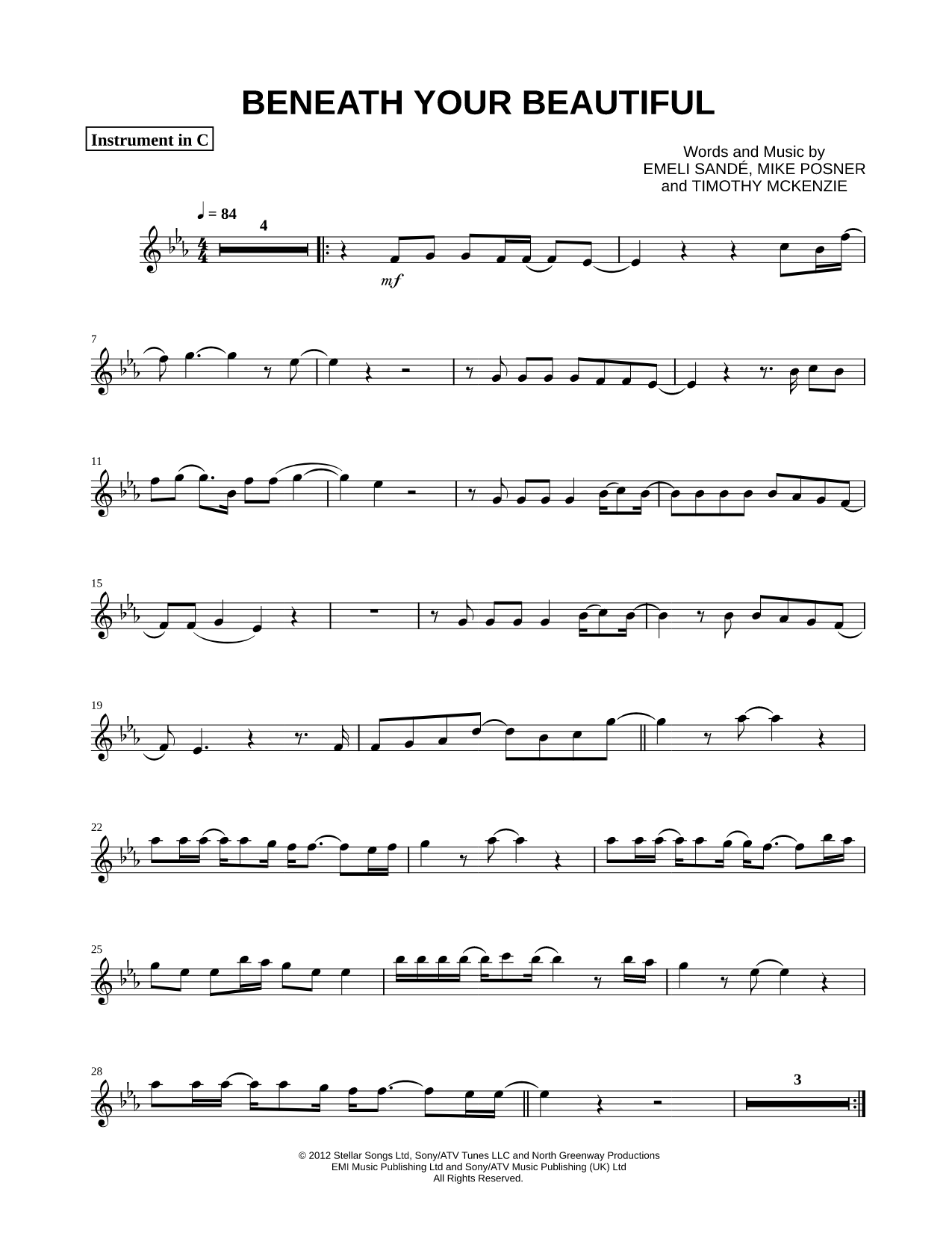 Beneath Your Beautiful - C Instrument