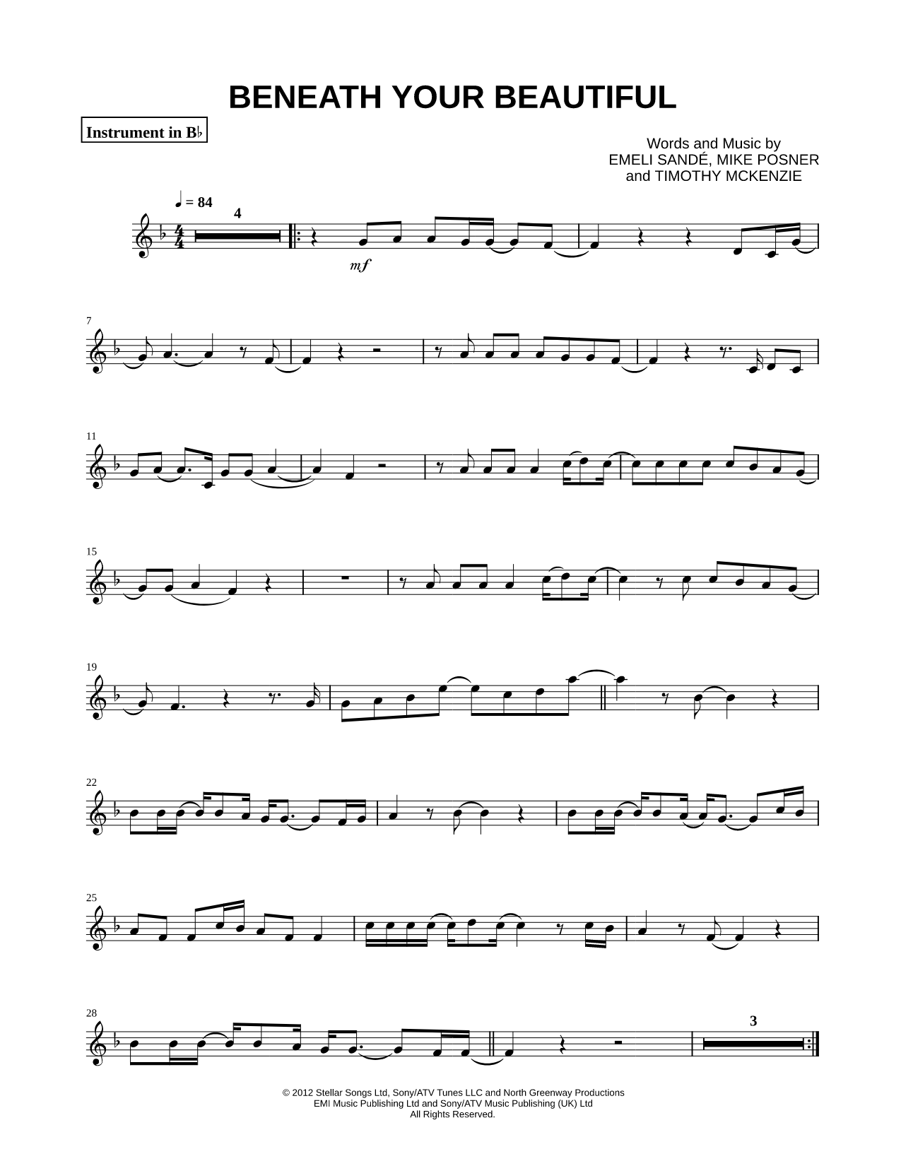 Beneath Your Beautiful - Bb Instrument