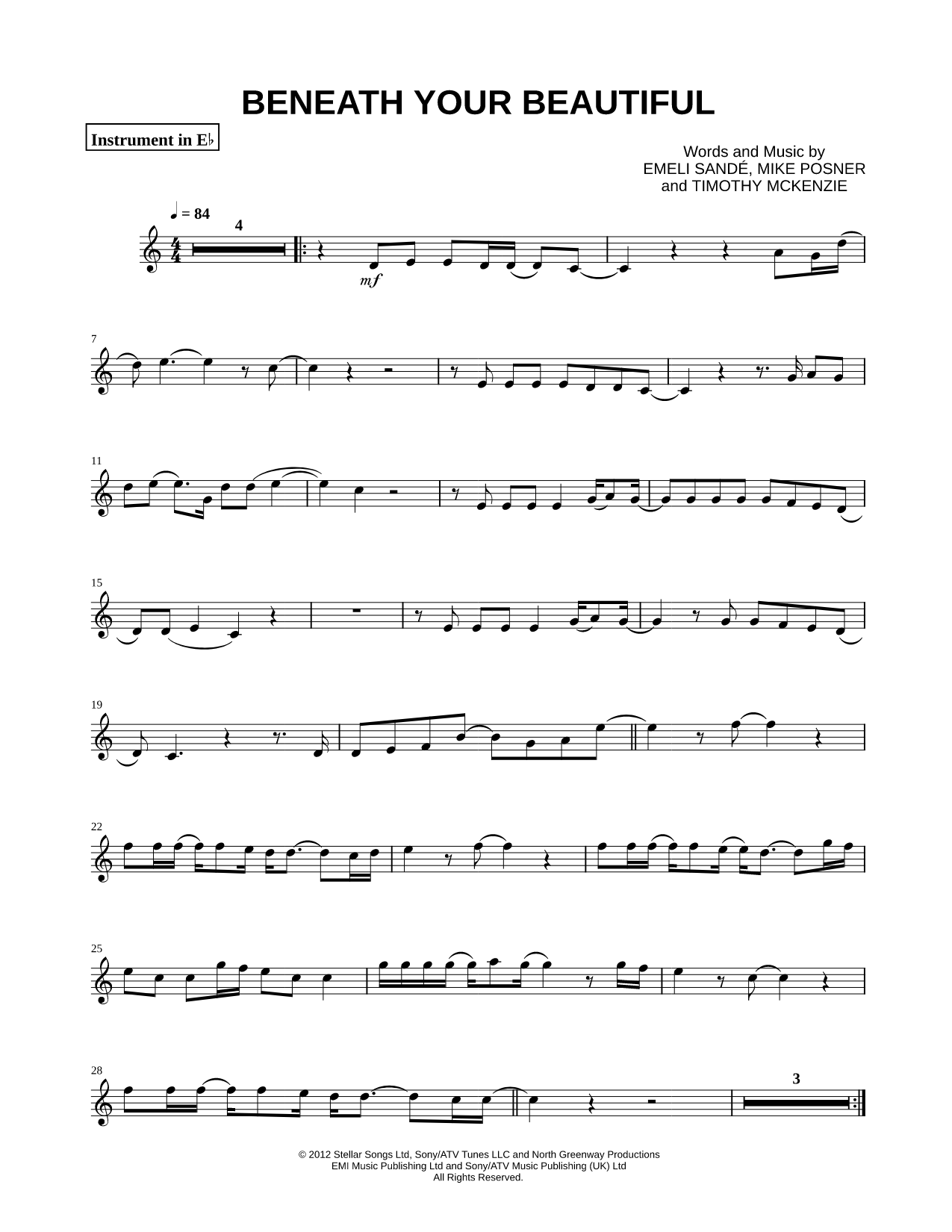 Beneath Your Beautiful - Eb Instrument