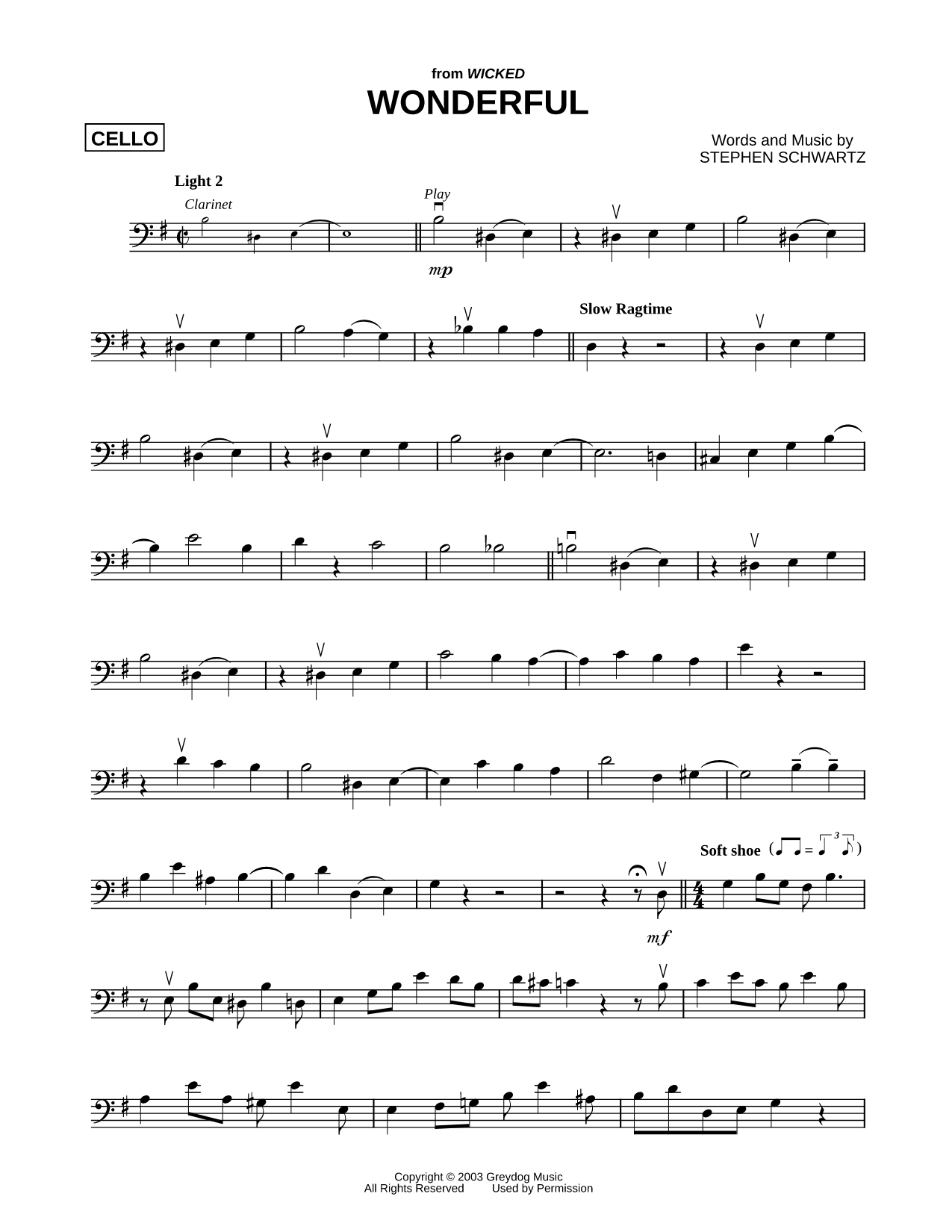 Wonderful Sheet Music — Cello Solo