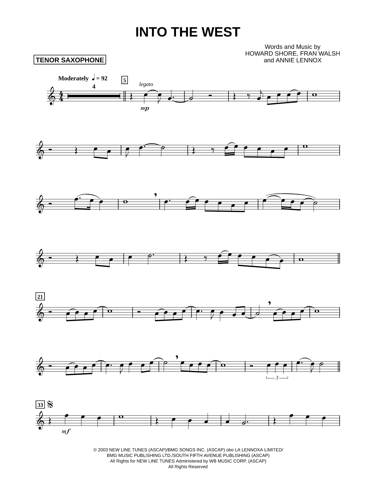 Into the West - Tenor Saxophone