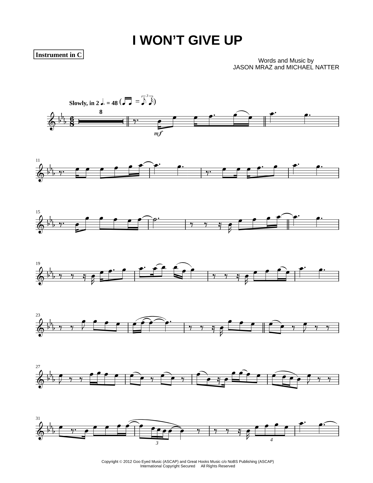 I Won't Give Up - C Instrument