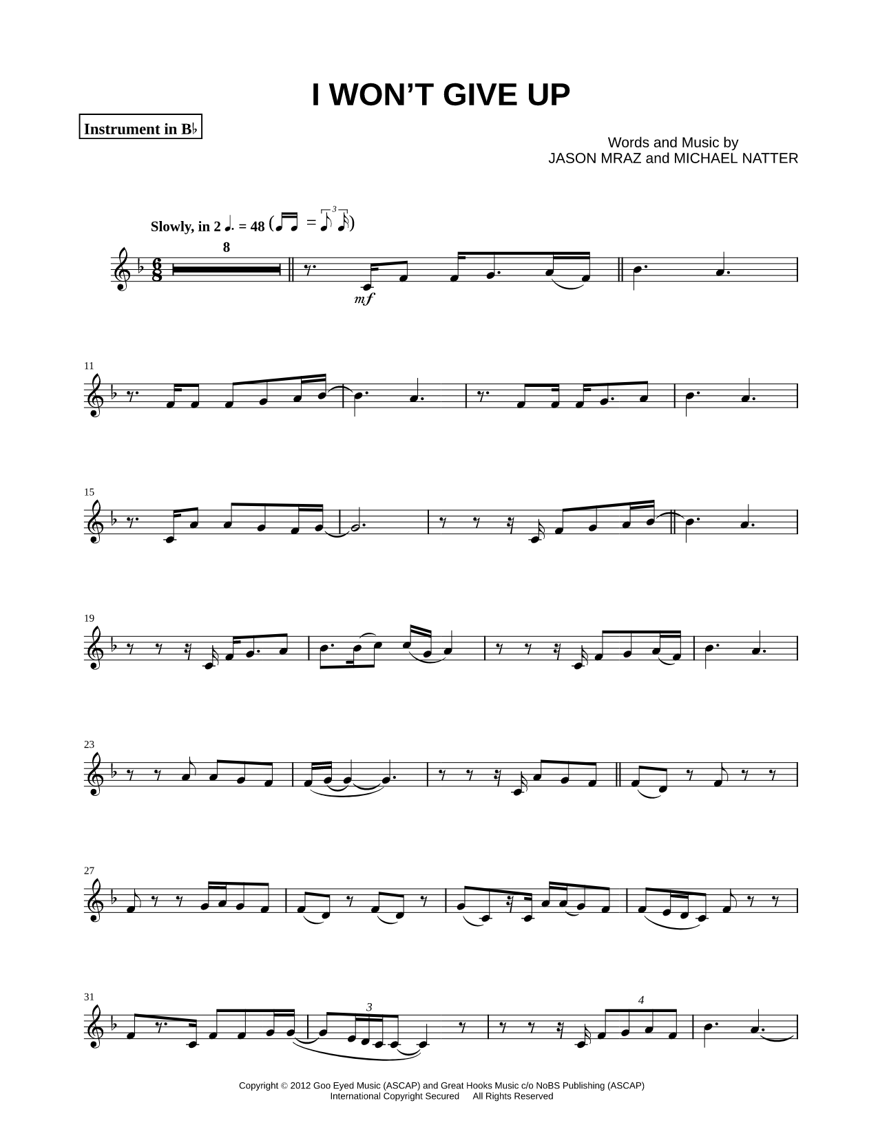 I Won't Give Up - Bb Instrument