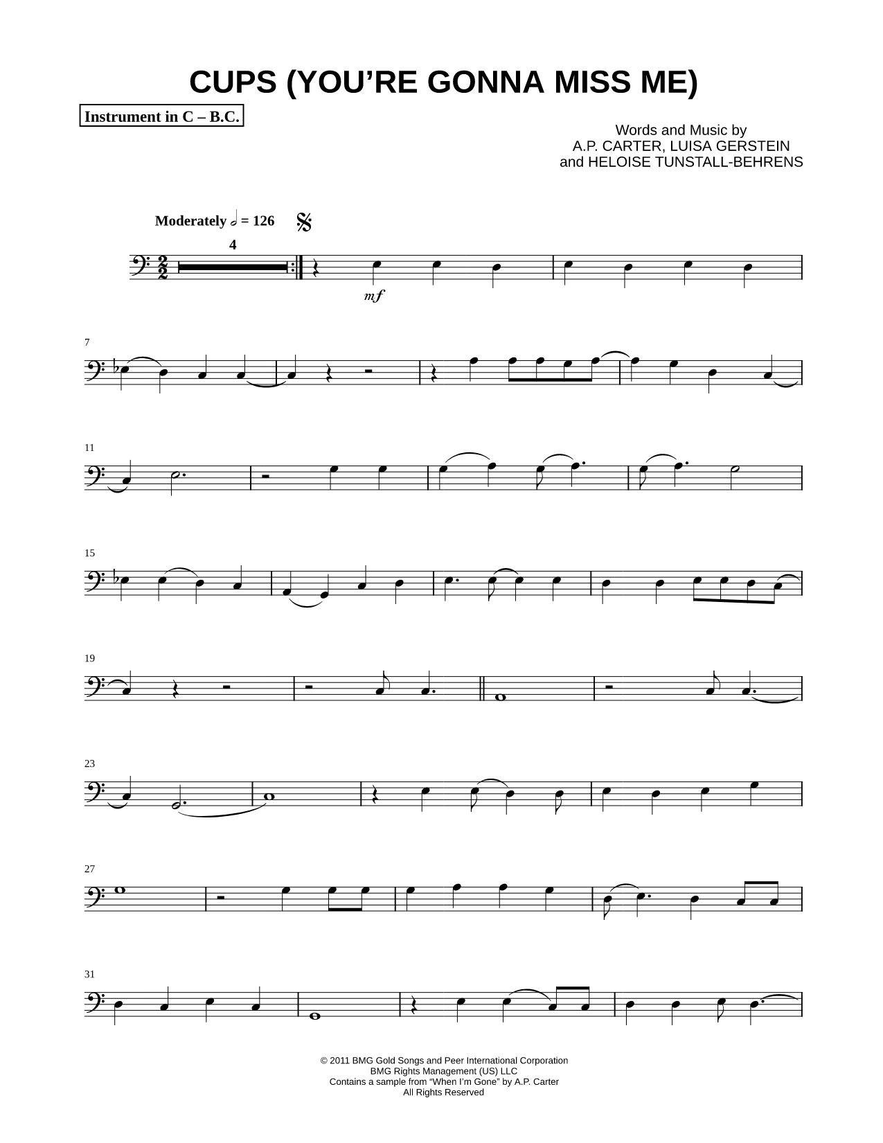 Cups (You're Gonna Miss Me) - Bass Clef Instrument