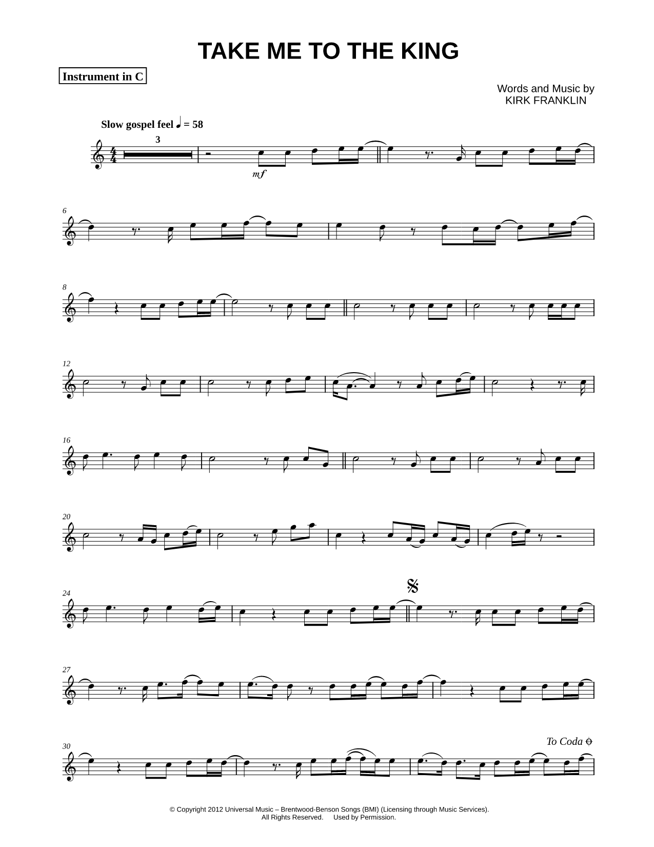 Take Me to the King - C Instrument