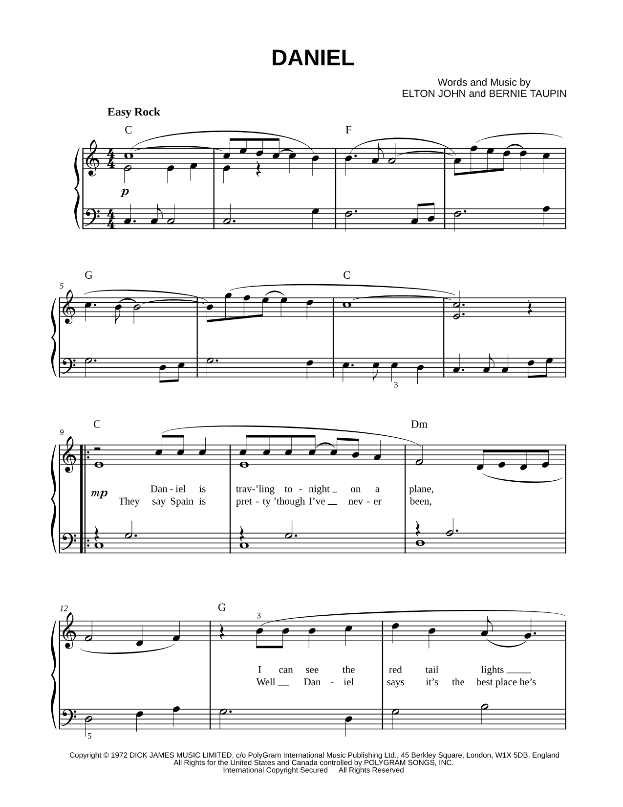 Daniel Sheet Music — Easy Piano