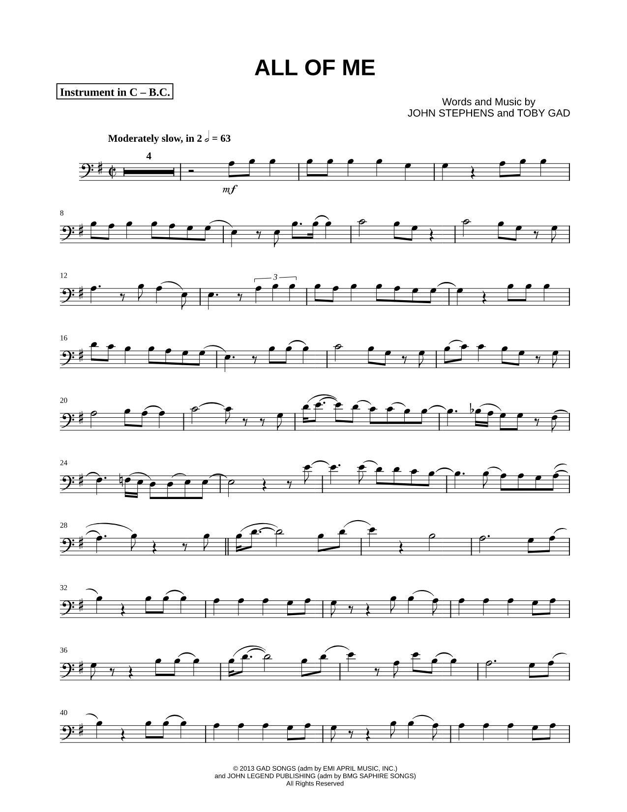 All of Me - Bass Clef Instrument