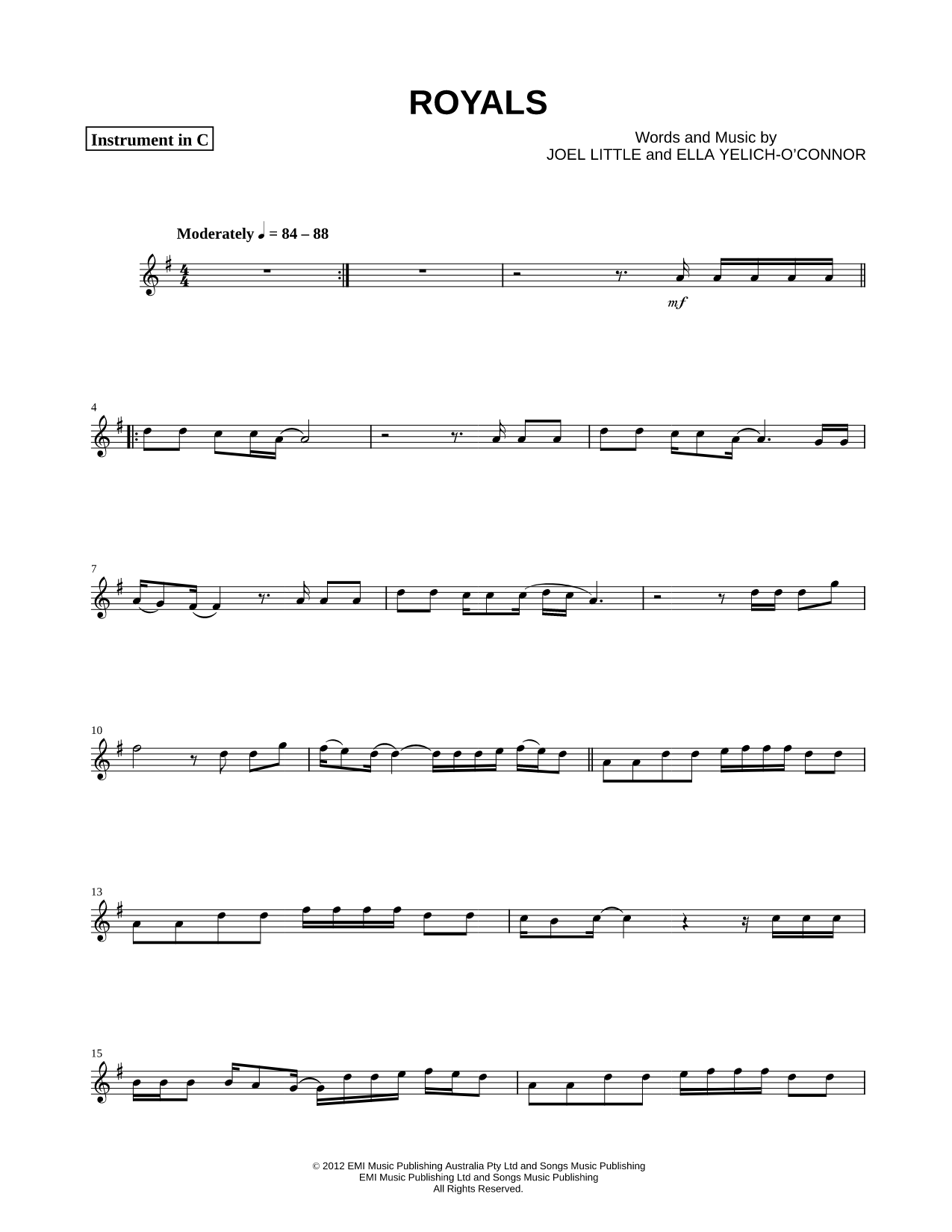 Royals - C Instrument Sheet Music — for Flute, Oboe, Recorder or Violin
